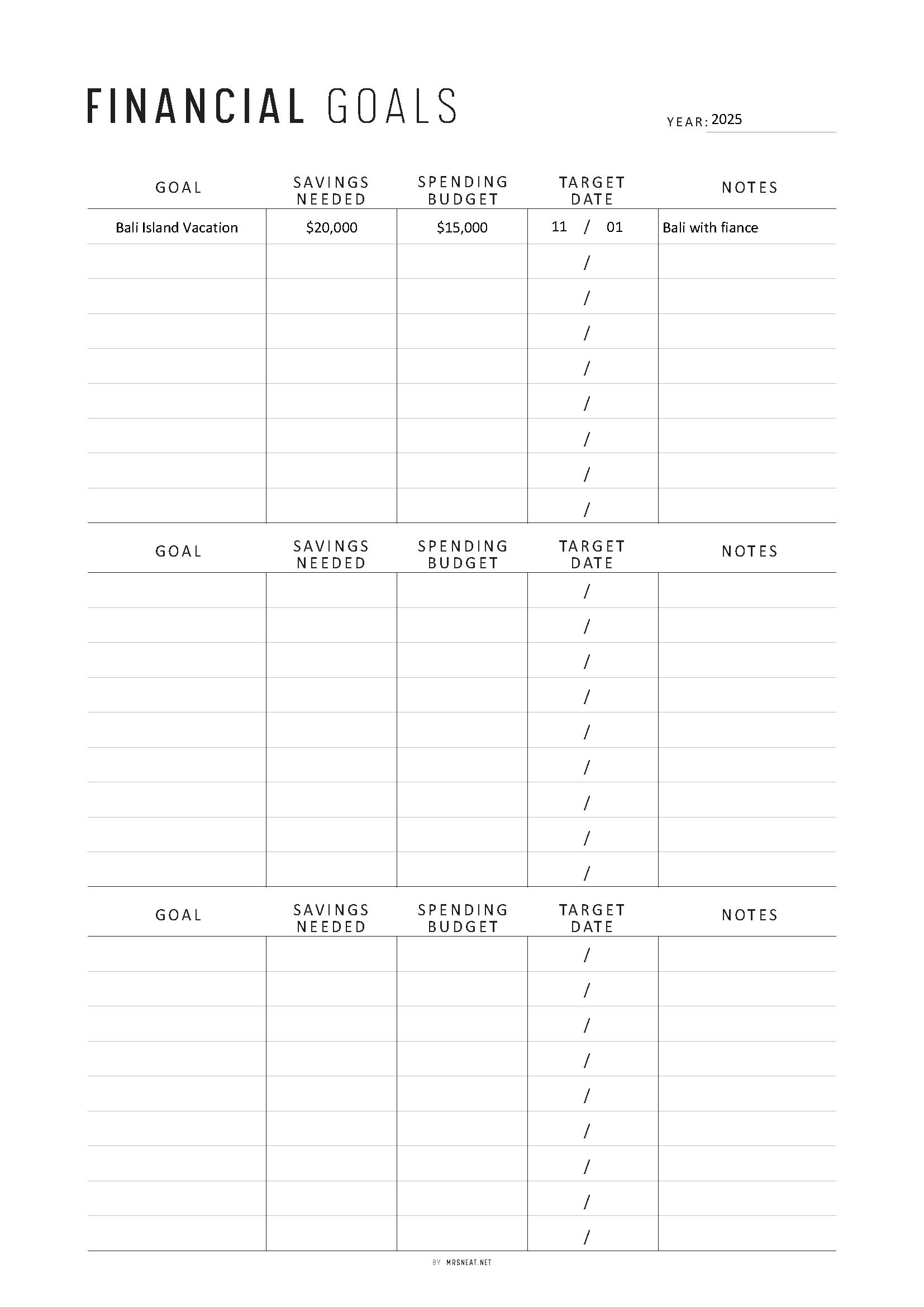 Fillable Financial Goals Tracker Printable, Financial Goal Planner, 2 Colors, A4, A5, Letter, Half Letter