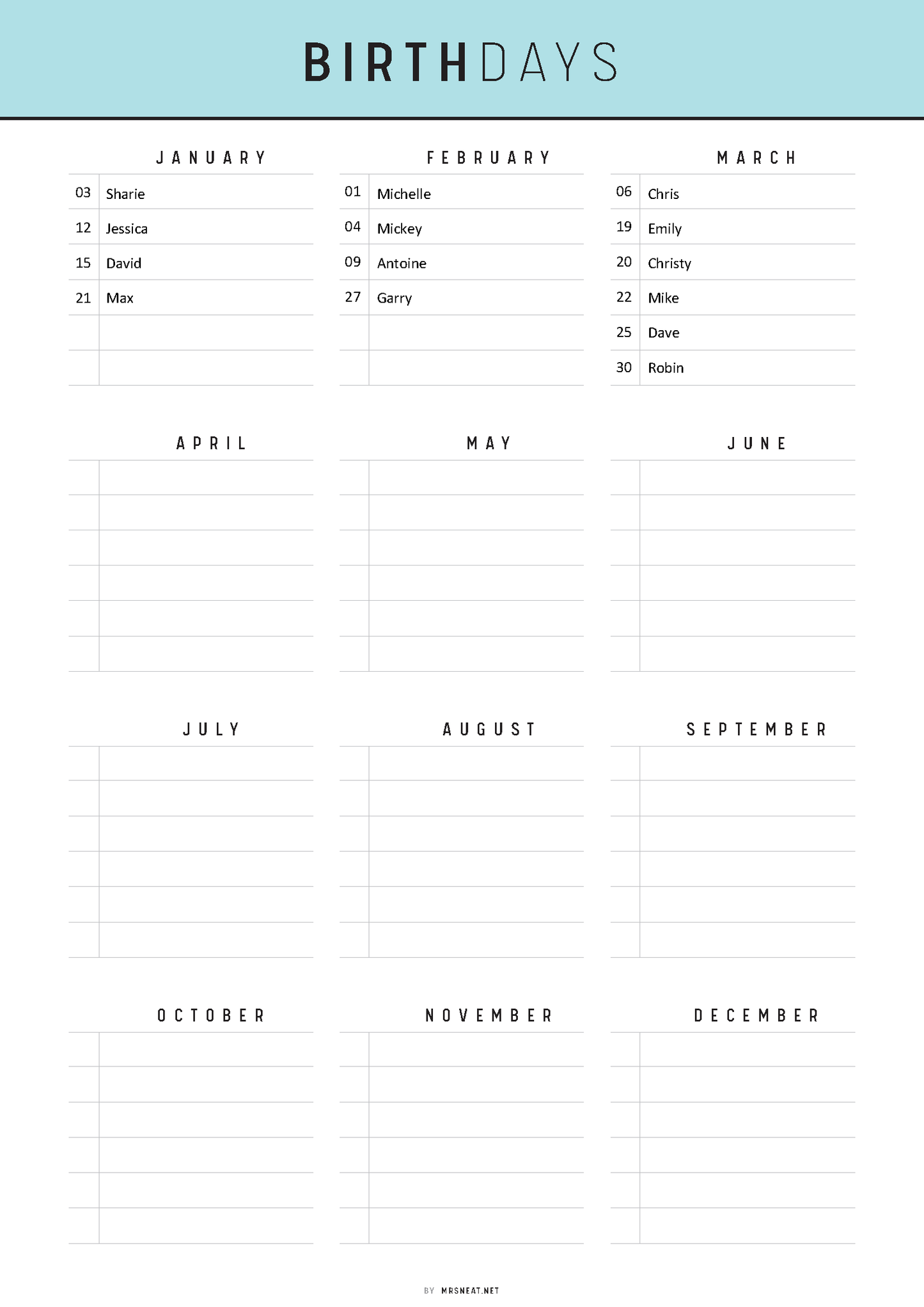 Birthdays calendar with names listed for each month on a light blue background