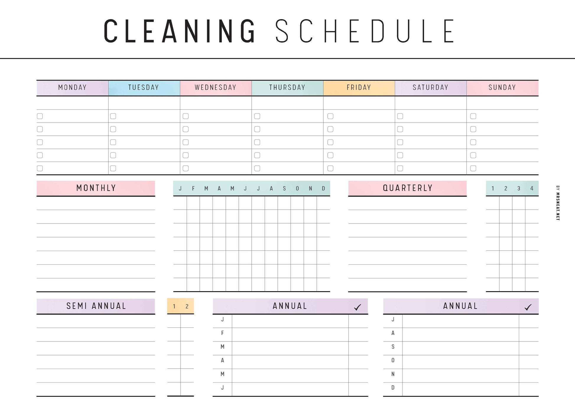 Colorful Cleaning Schedule Template, Fillable Cleaning Checklist Printable, Weekly Cleaning Plan, Home Cleaning Plan, 2 versions, A4, Letter