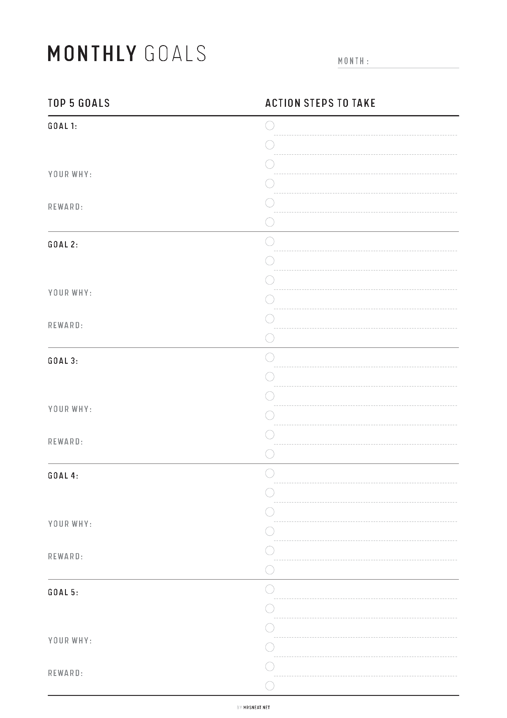 Blank monthly goals worksheet with columns for goals and action steps.