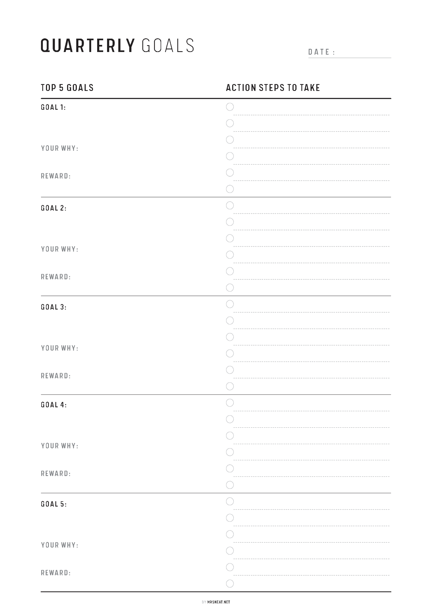 Blank quarterly goals template with columns for goals and action steps.