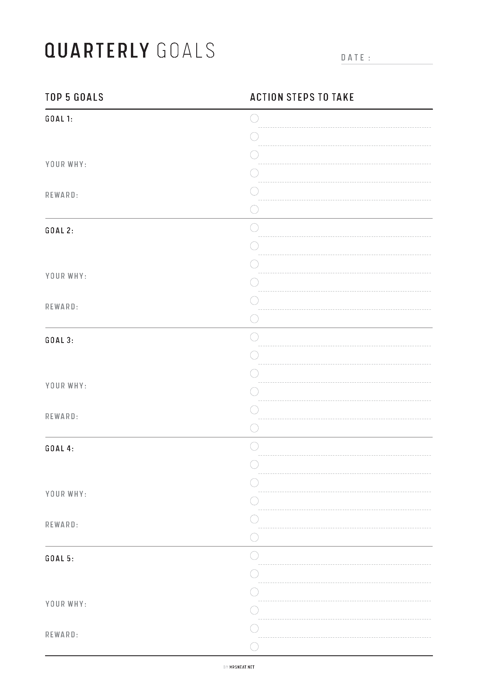 Blank quarterly goals template with columns for goals and action steps.