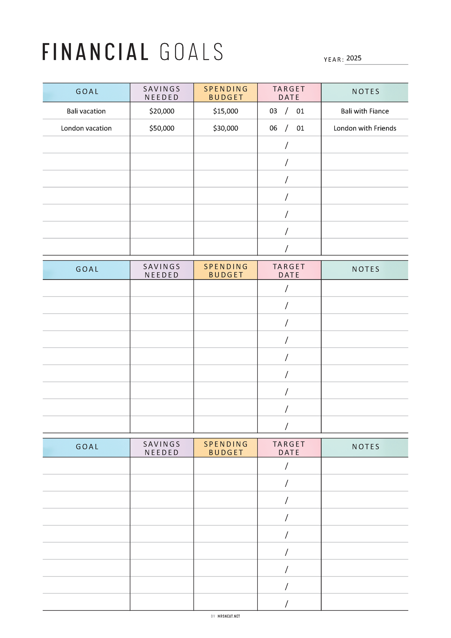 Fillable Financial Goals Tracker Printable, Financial Goal Planner, 2 Colors, A4, A5, Letter, Half Letter