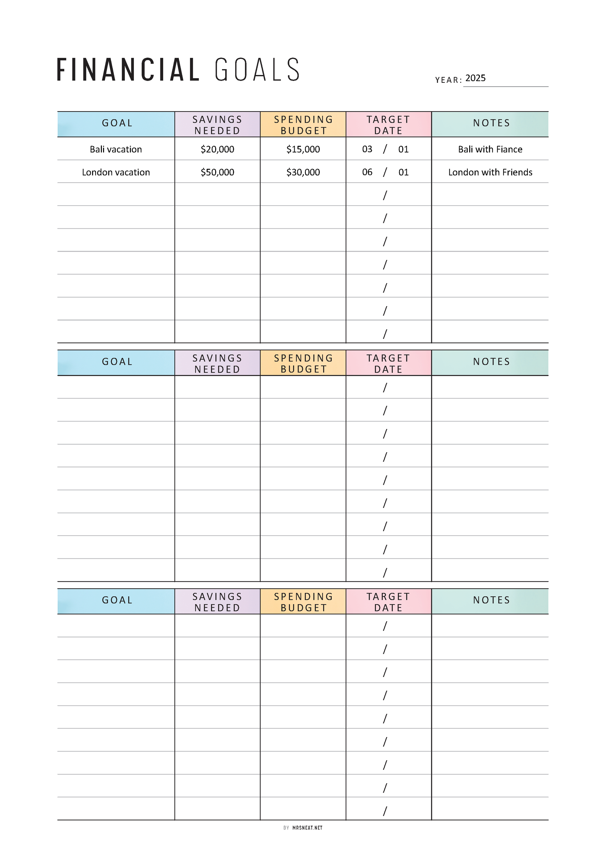 Fillable Financial Goals Tracker Printable, Financial Goal Planner, 2 Colors, A4, A5, Letter, Half Letter