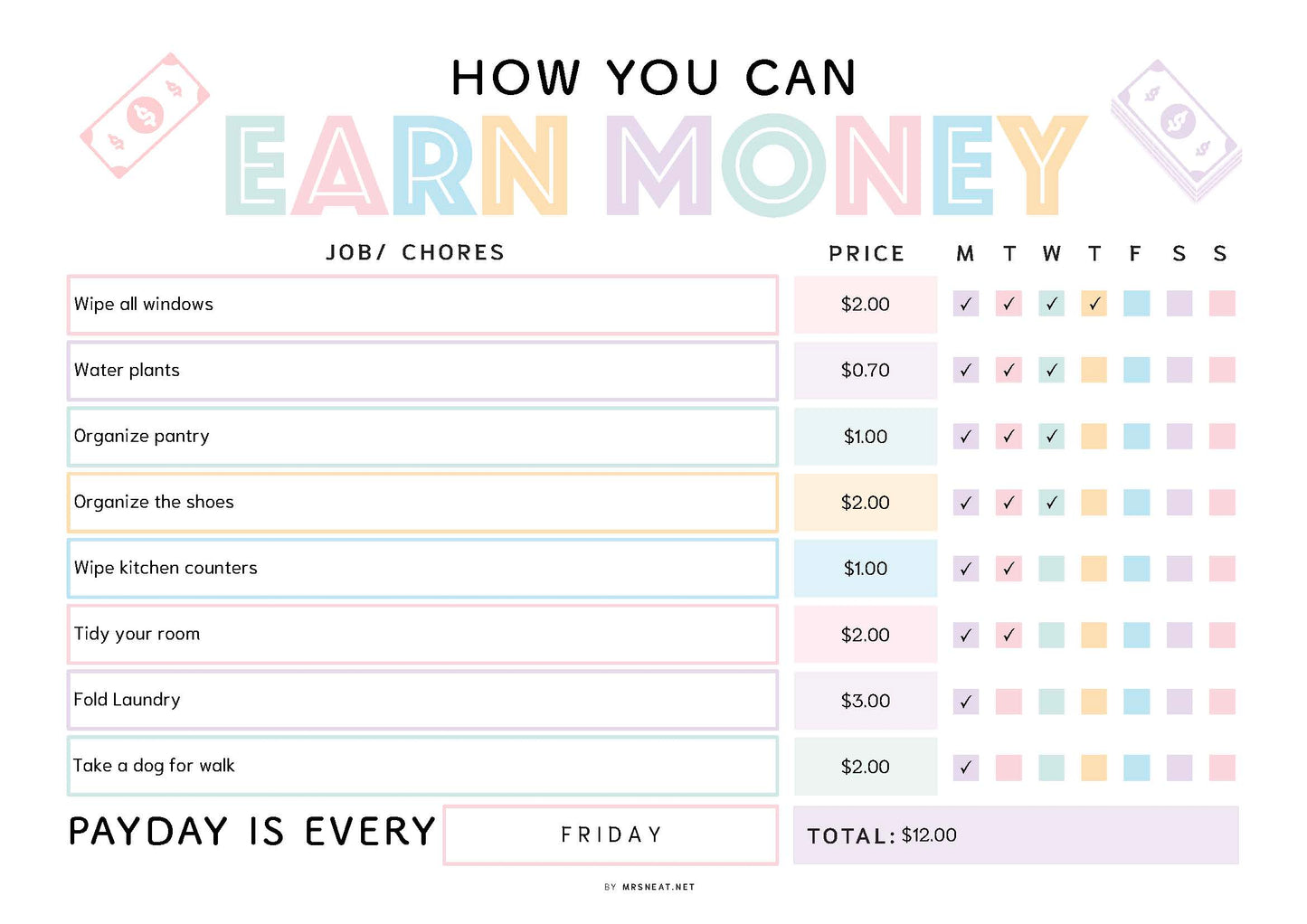 How to earn money chore chart printable - M533