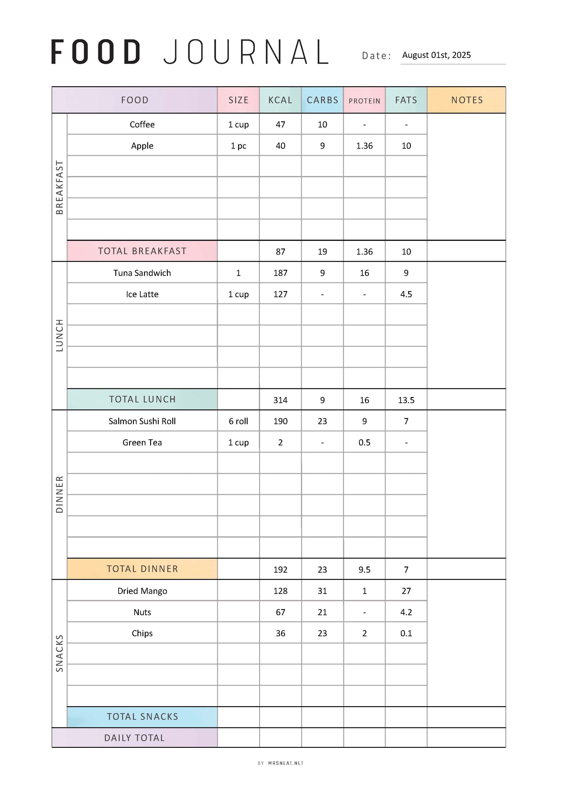 Daily Food Diary Printable, Food Journal, Minimalist Daily Calorie Tracker, Daily Calorie Counting, Food Diary, A4, A5, Letter, Half Letter, Digital Planner, PDF Fillable, Printable Planner, 2 colors