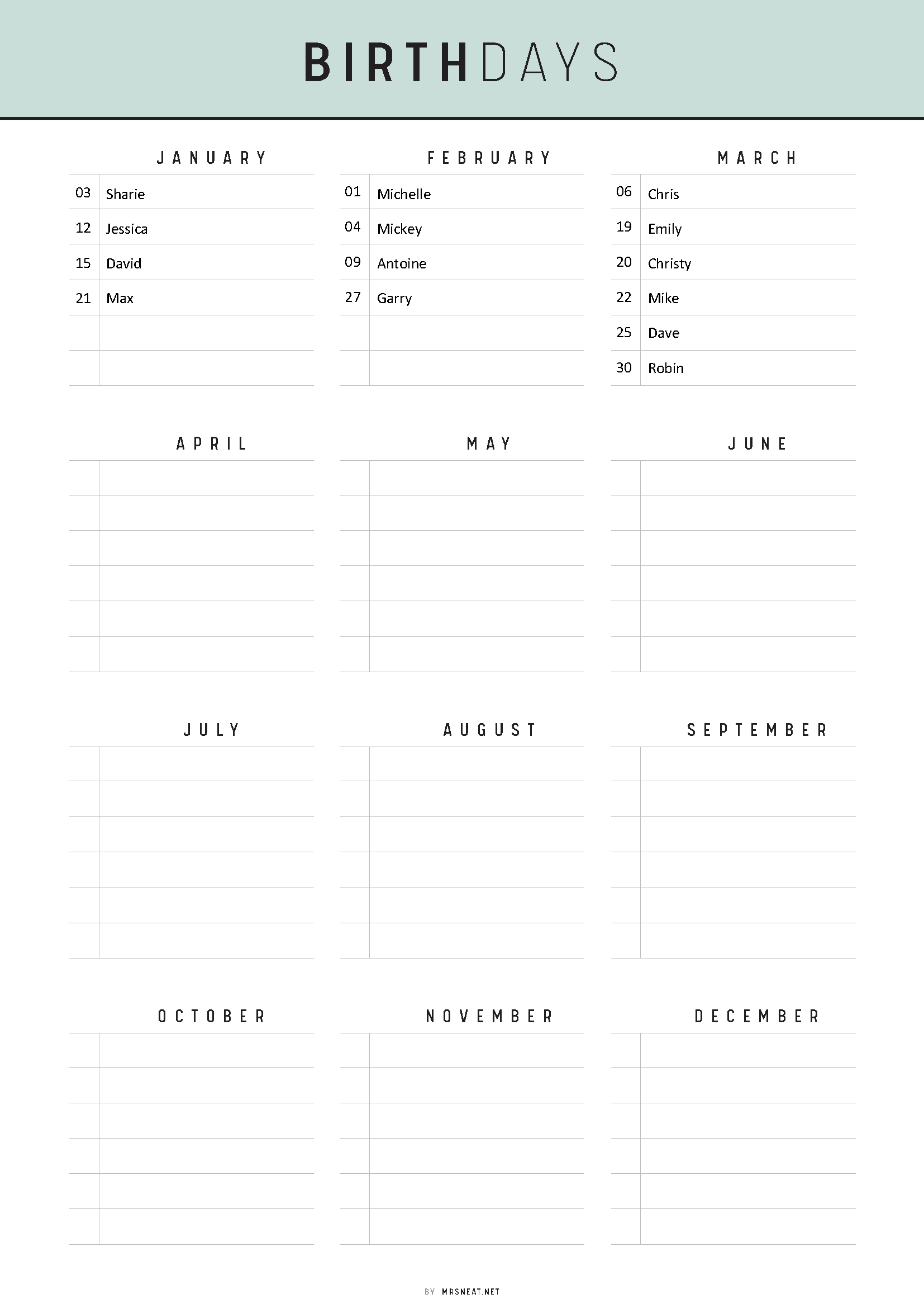 Birthdays calendar with names listed for each month on a light gray background