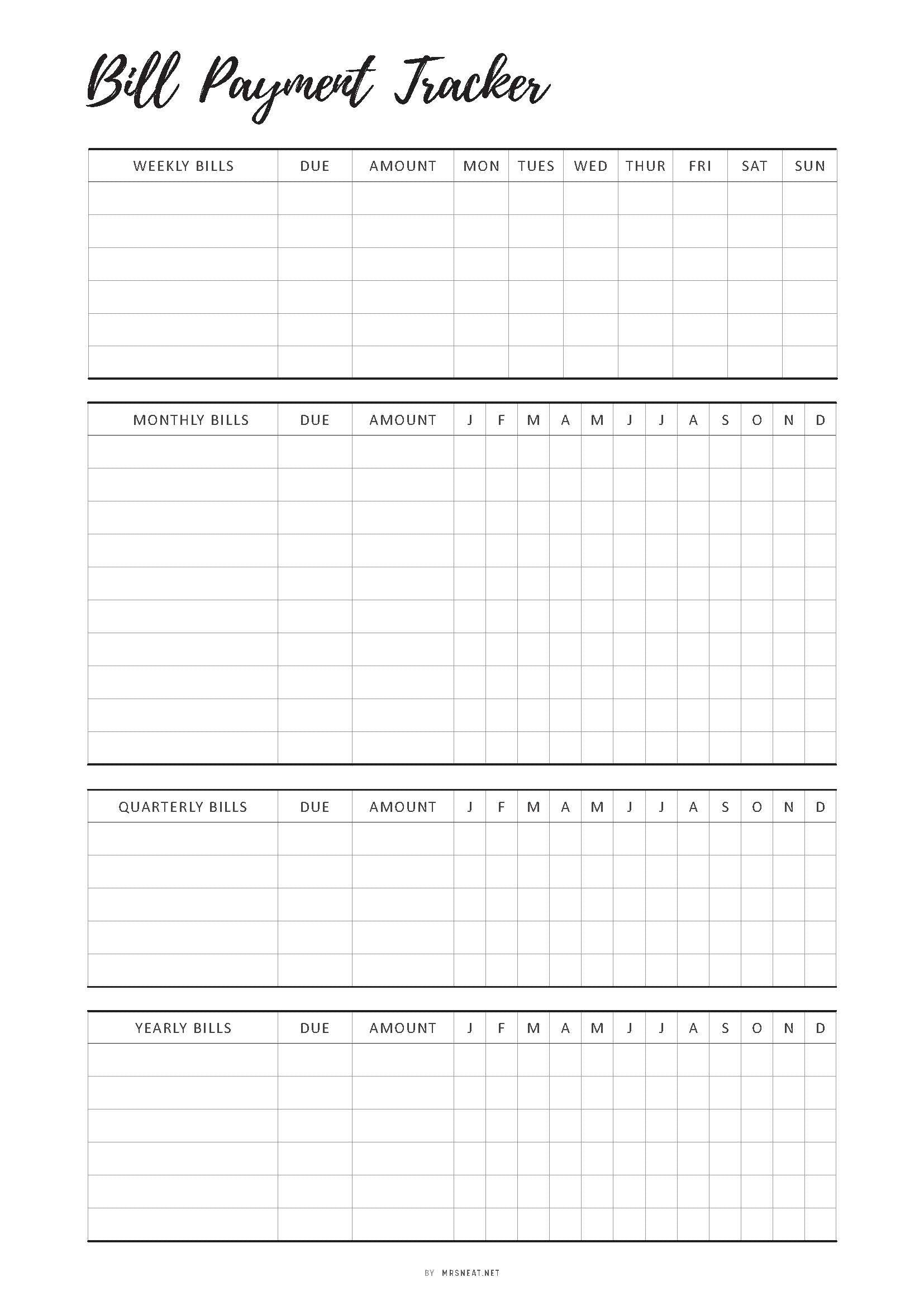 Bill Payment Tracker Printable, Bill Tracker Template, Weekly Monthly Quarterly Yearly Bill Log, Fillable Bill Payment Checklist, 2 Colors, Fillable PDF, Digital Planner, Printable Planner, Colorful, Minimalist