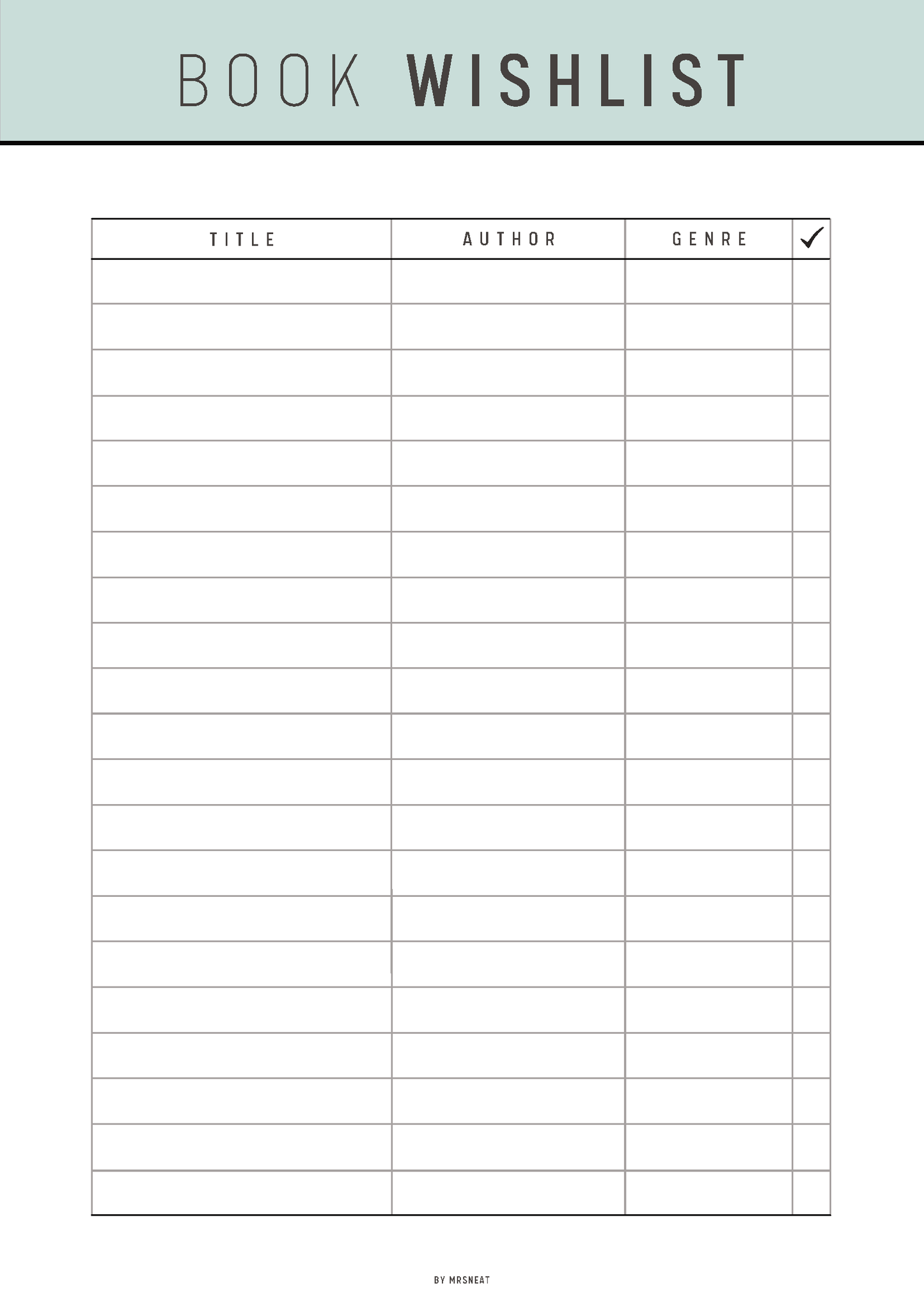 Book wishlist form with columns for title, author, and genre on a light gray background.