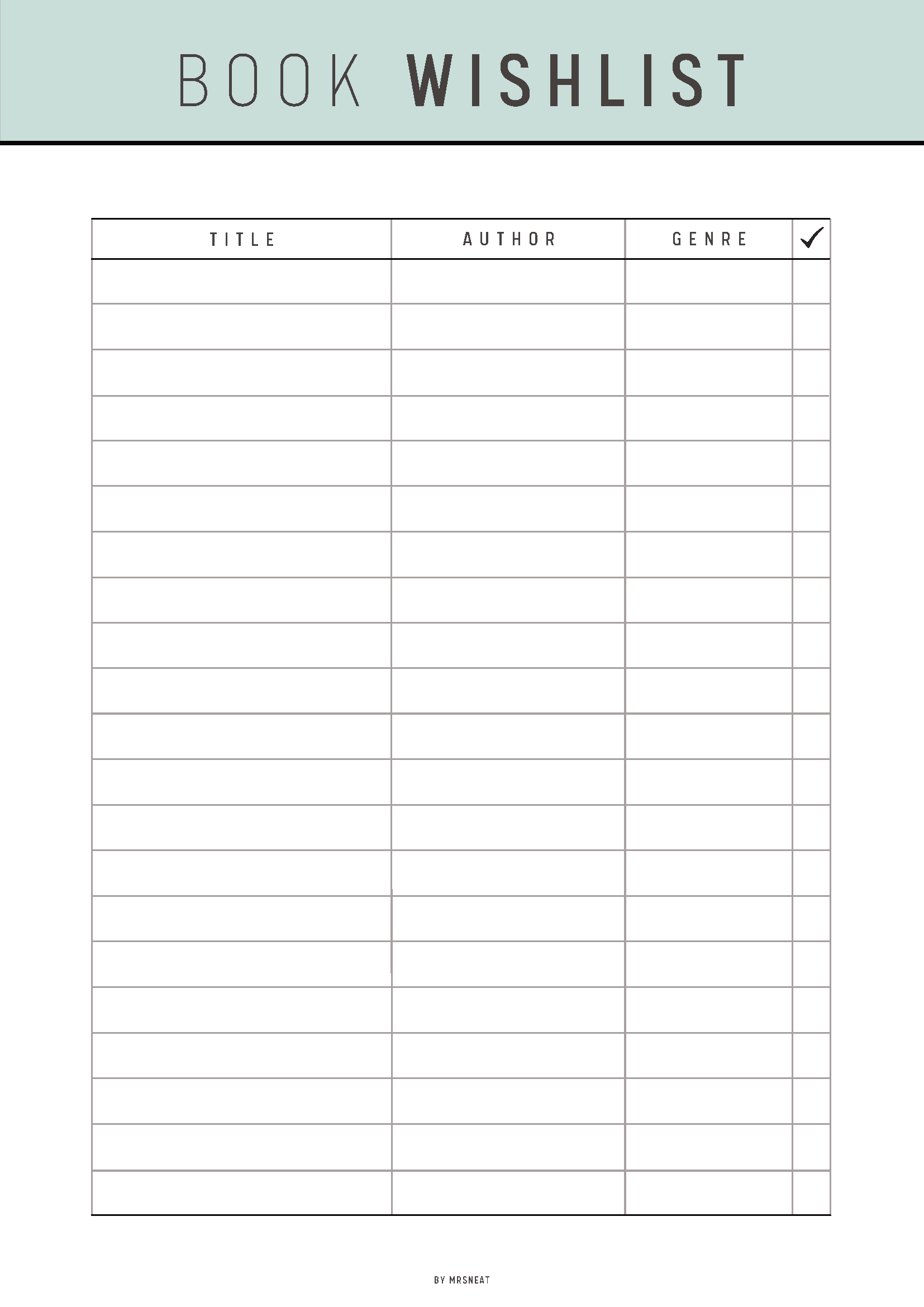 Book wishlist form with columns for title, author, and genre on a light gray background.