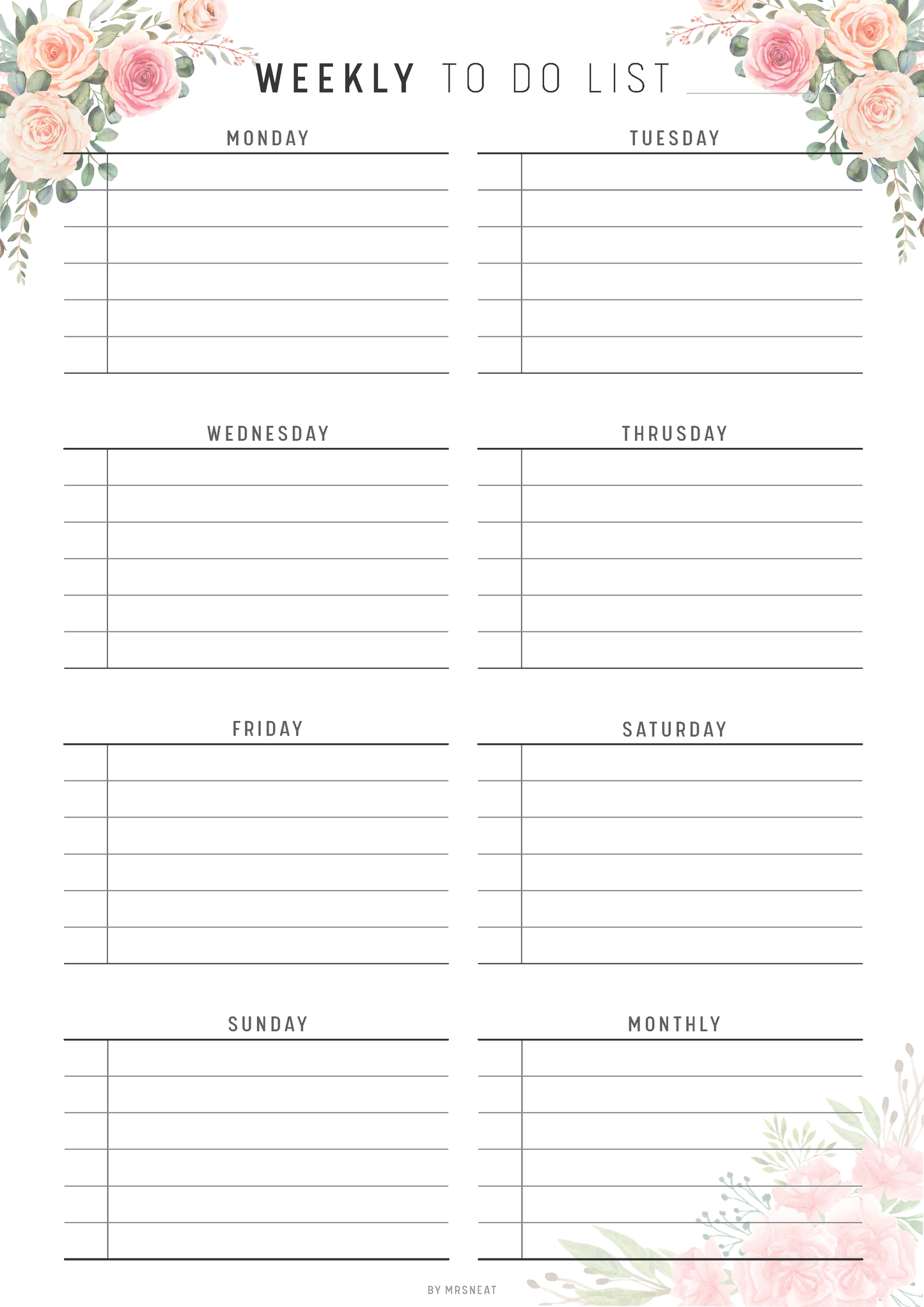 Weekly to-do list template with floral designs at the top and bottom