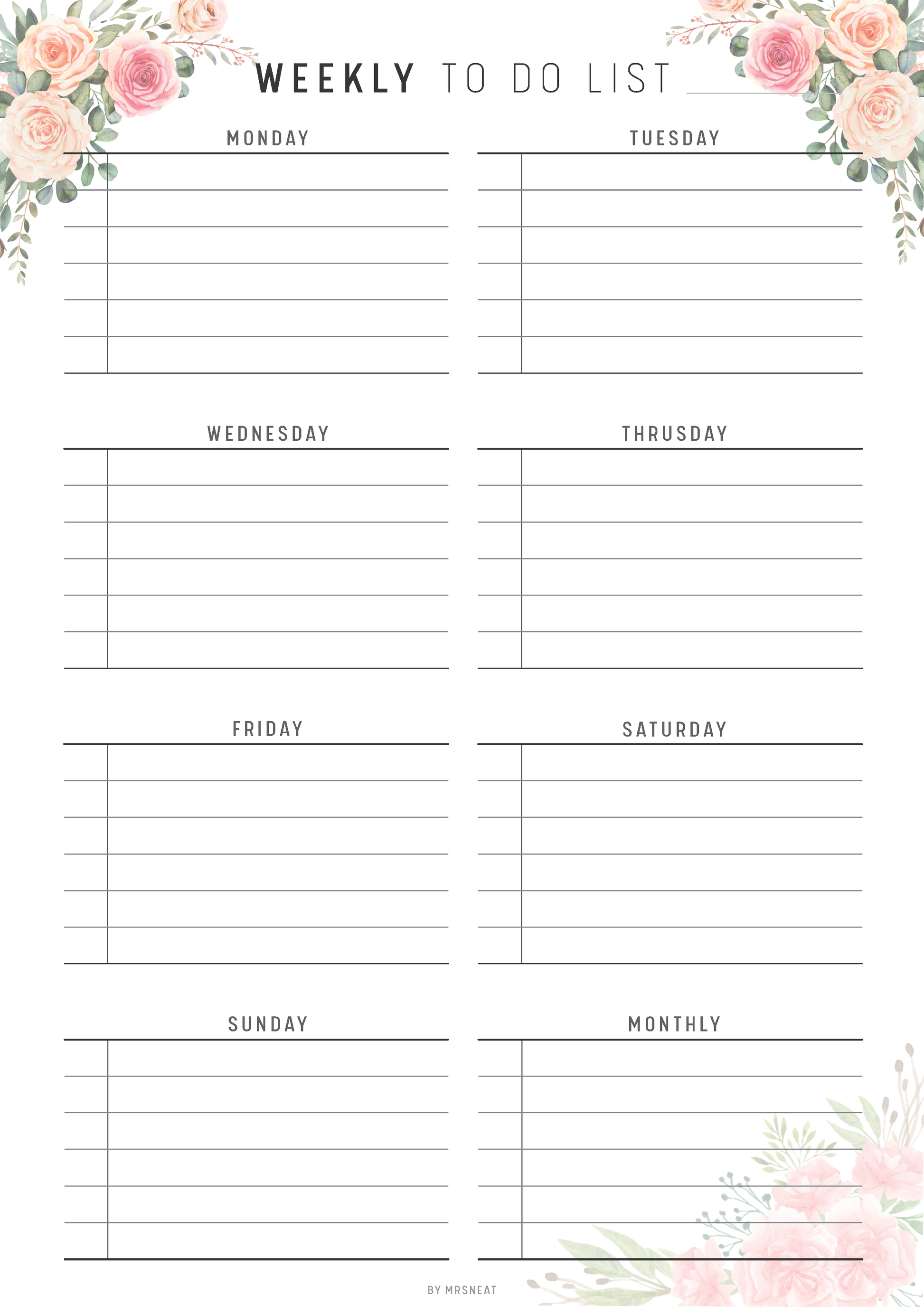 Weekly to-do list template with floral designs at the top and bottom