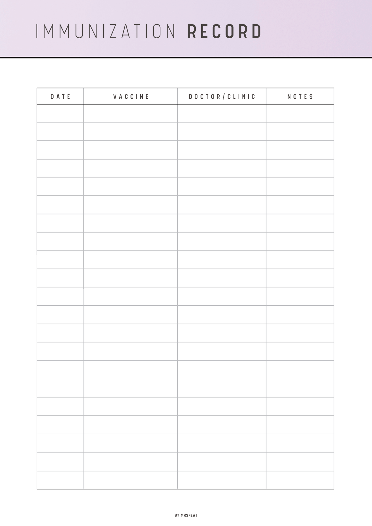Immunization record sheet with columns for date, vaccine, doctor/clinic, and notes on a white background.