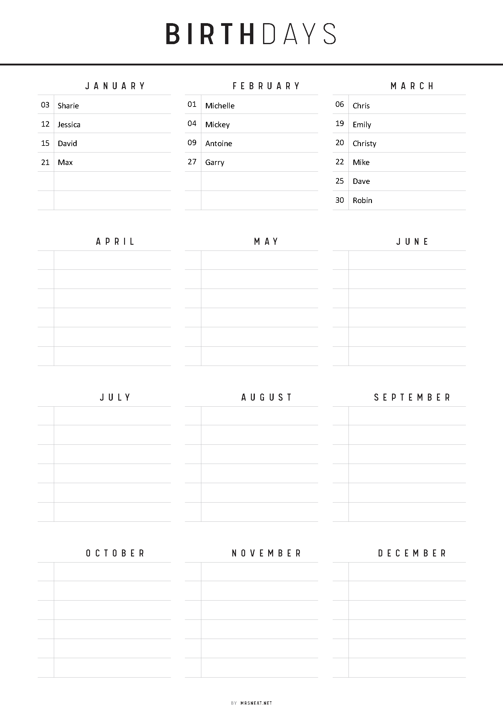 Calendar with birthdays listed for each month on a white background