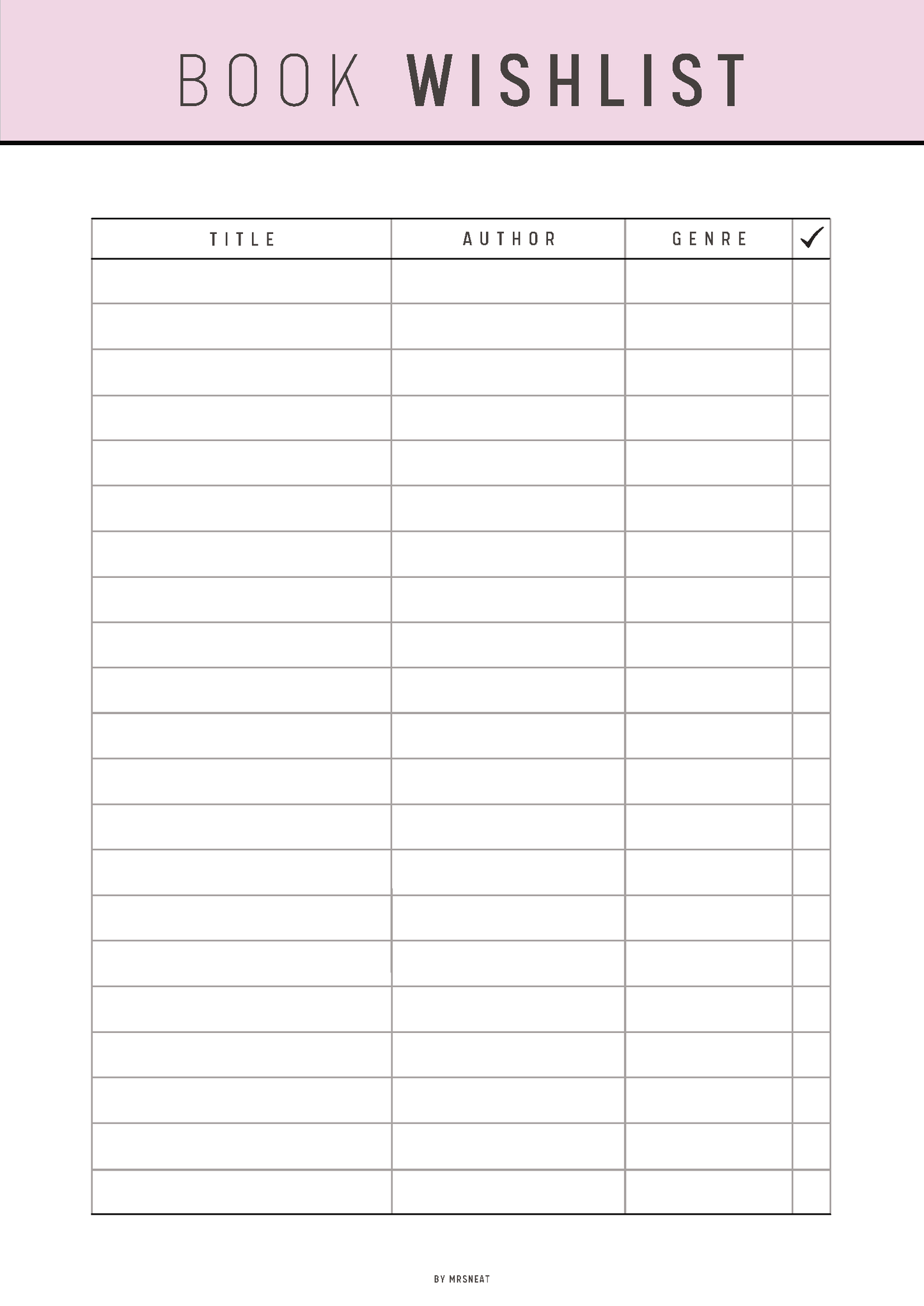Book wishlist form with columns for title, author, and genre on a white background.
