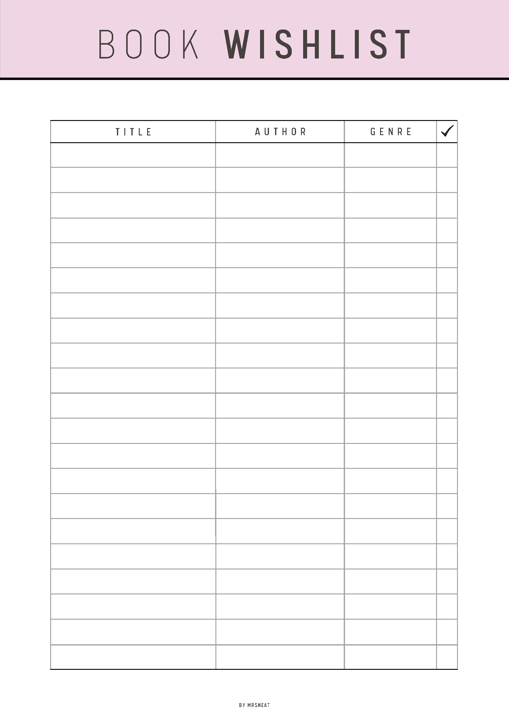 Book wishlist form with columns for title, author, and genre on a white background.