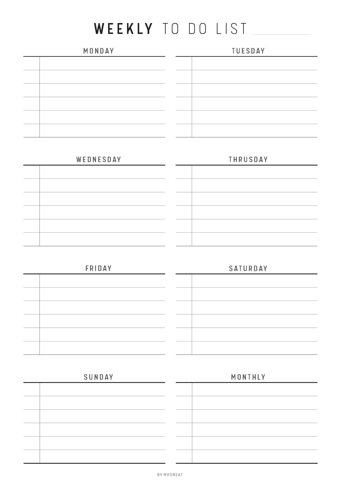 Weekly to-do list template with days of the week on a white background