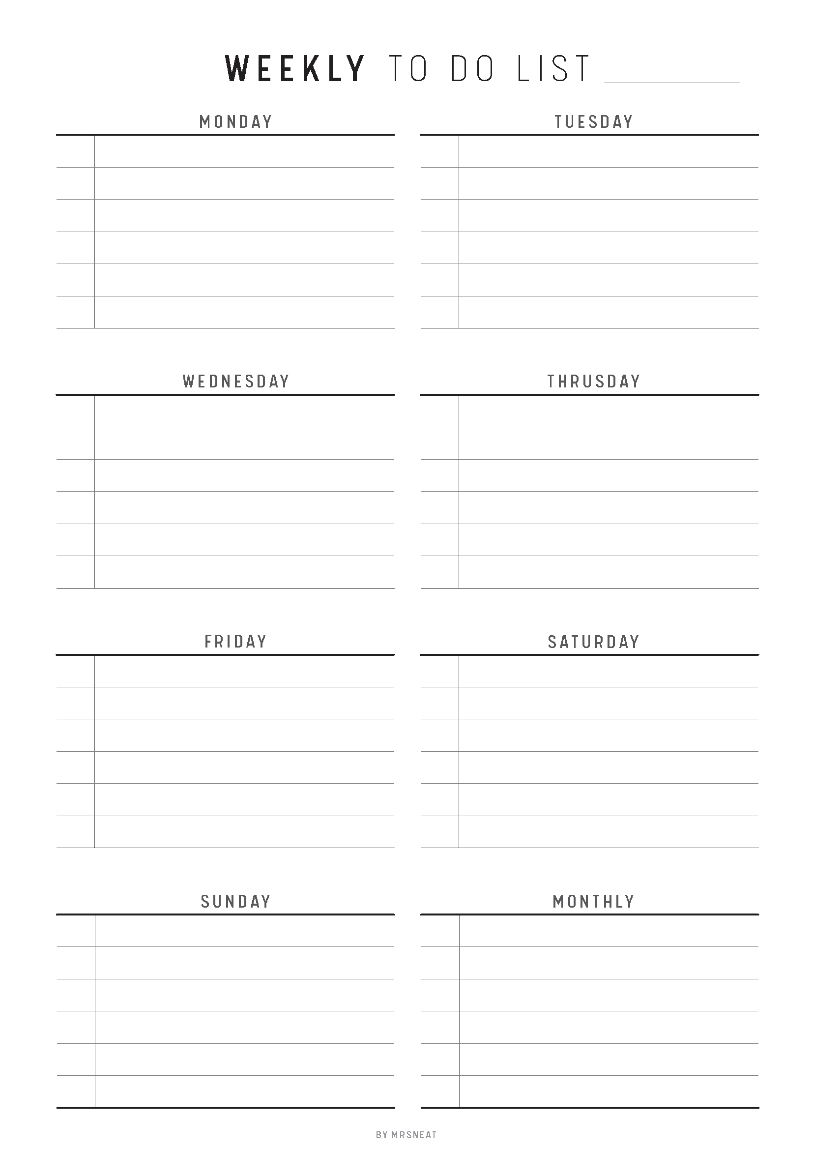 Weekly to-do list template with days of the week on a white background