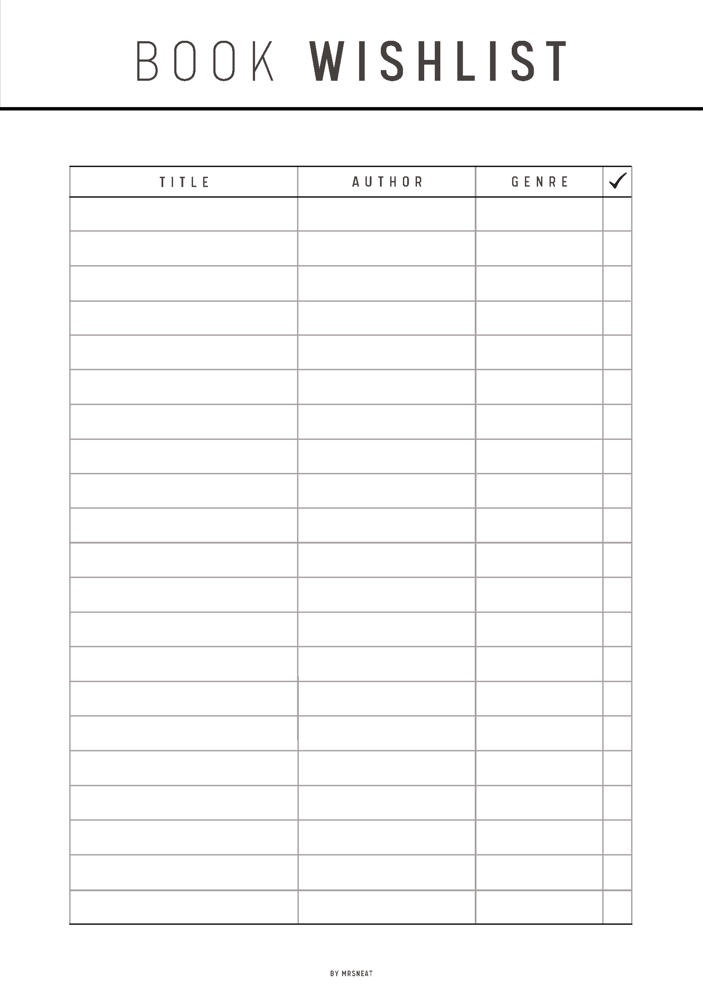 Book wishlist template with columns for title, author, and genre on a white background.