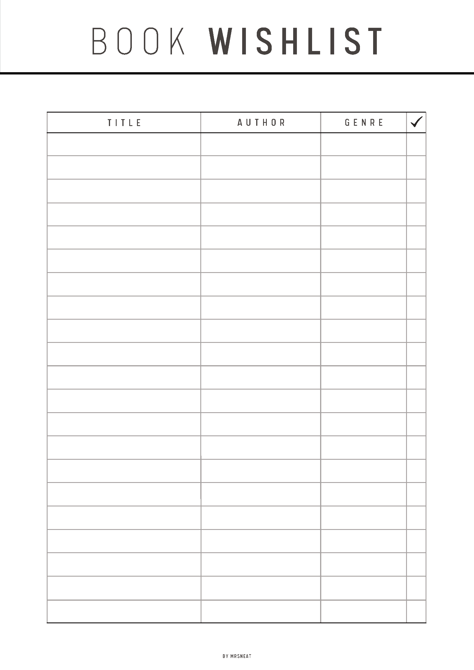 Book wishlist template with columns for title, author, and genre on a white background.