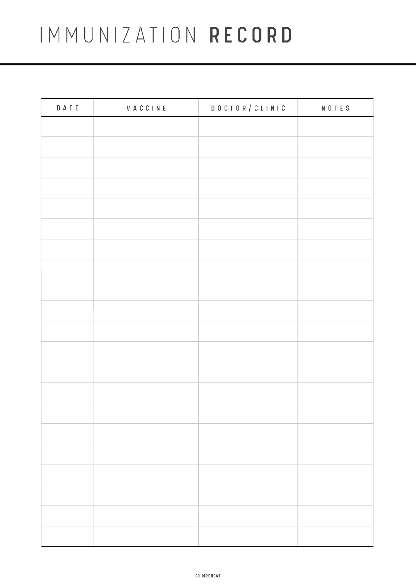 Immunization record form with columns for date, vaccine, doctor/clinic, and notes.