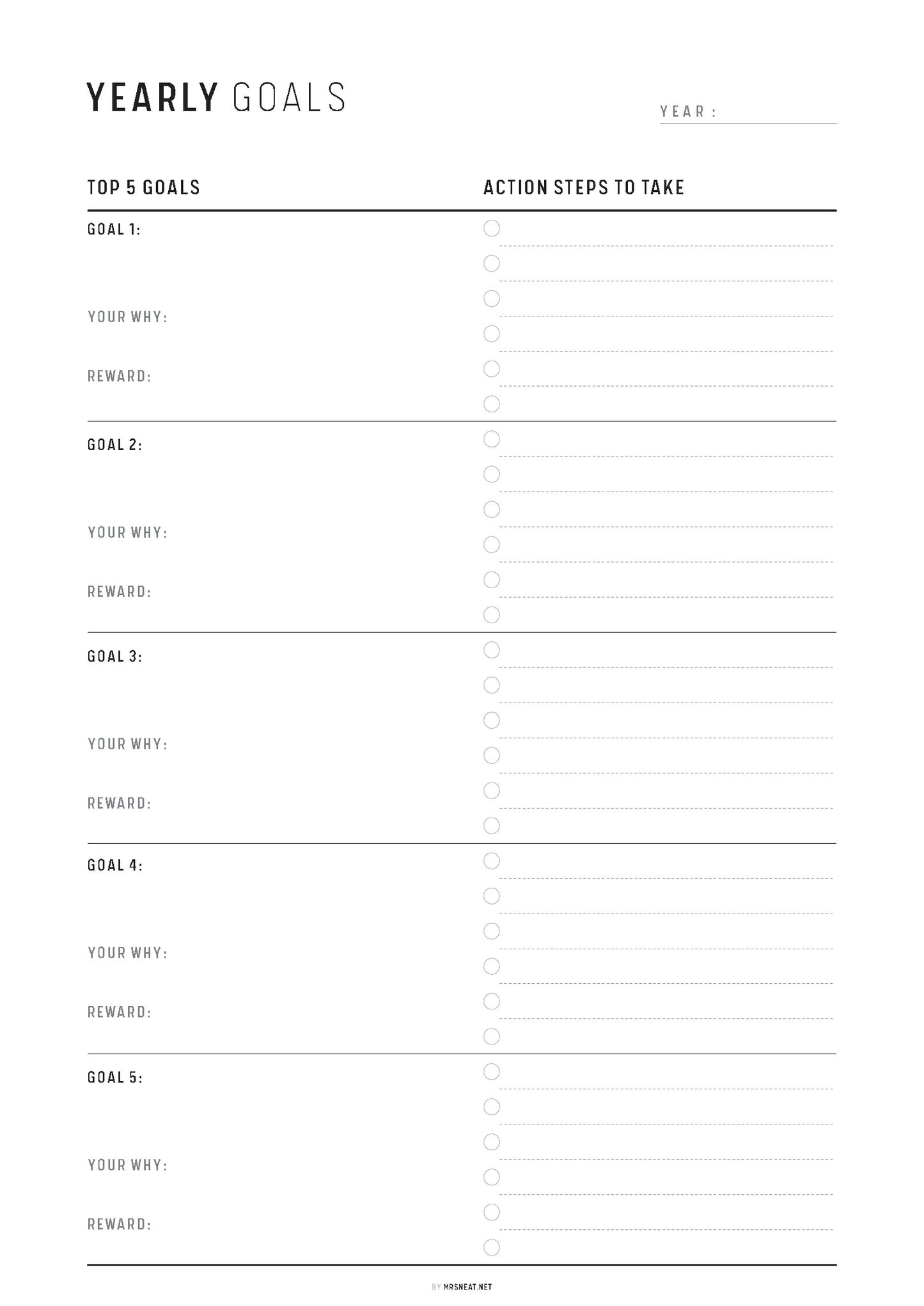 Blank yearly goals worksheet with columns for goals and action steps.
