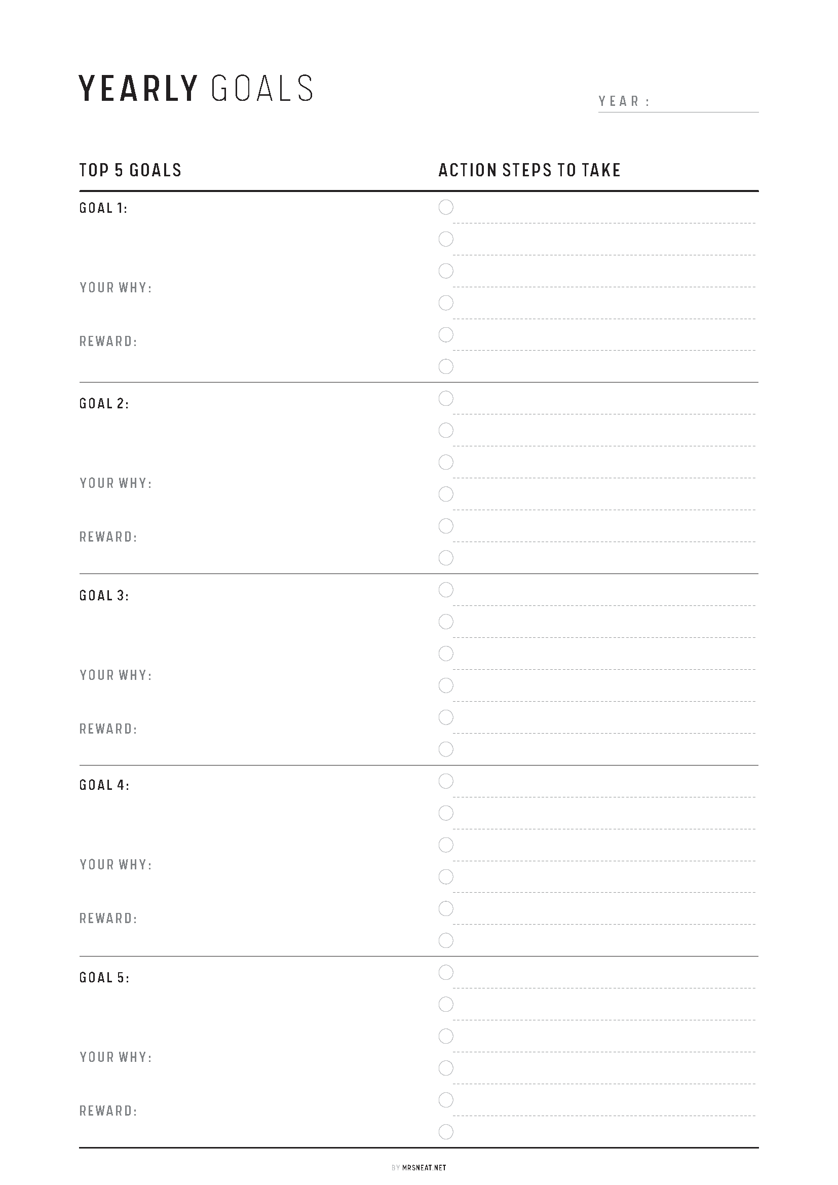 Blank yearly goals worksheet with columns for goals and action steps.