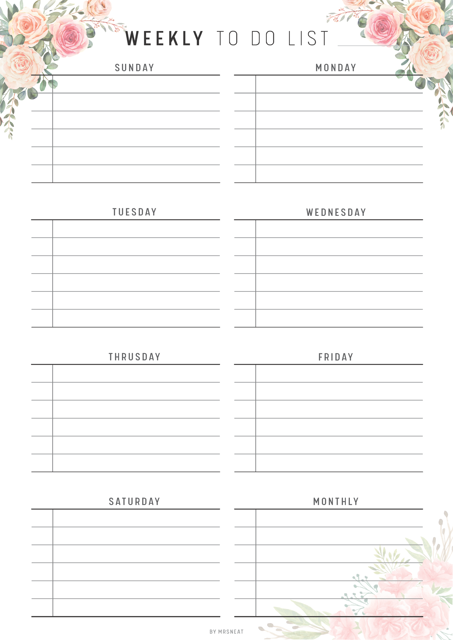 Weekly to-do list template with floral design at the top and bottom