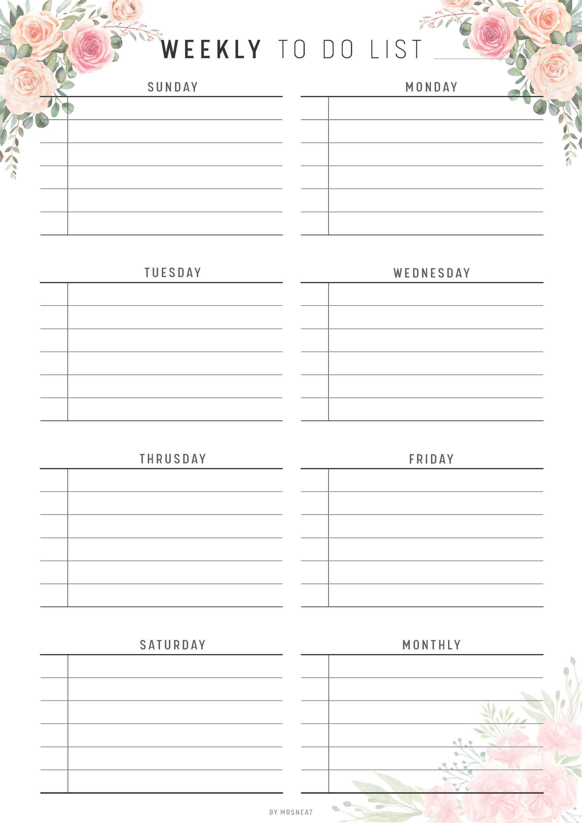 Weekly to-do list template with floral design at the top and bottom
