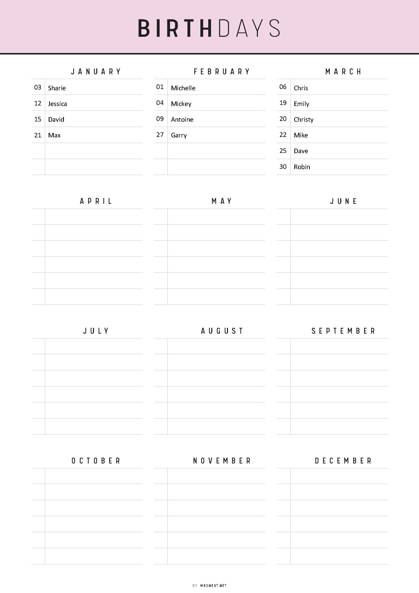 Birthdays calendar with a pink top border and white background