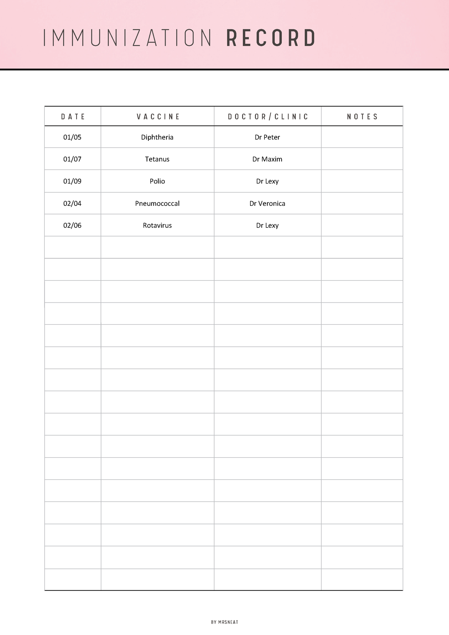 Immunization record sheet with columns for date, vaccine, doctor/clinic, and notes on a pink background.