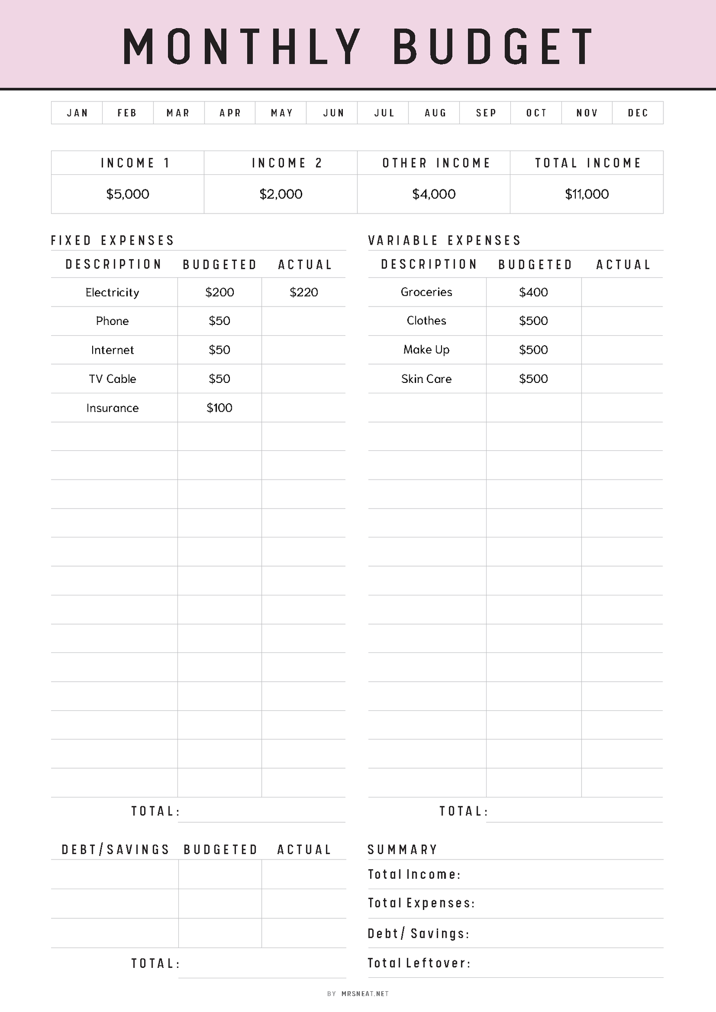 Monthly budget template with income and expense categories on a white background