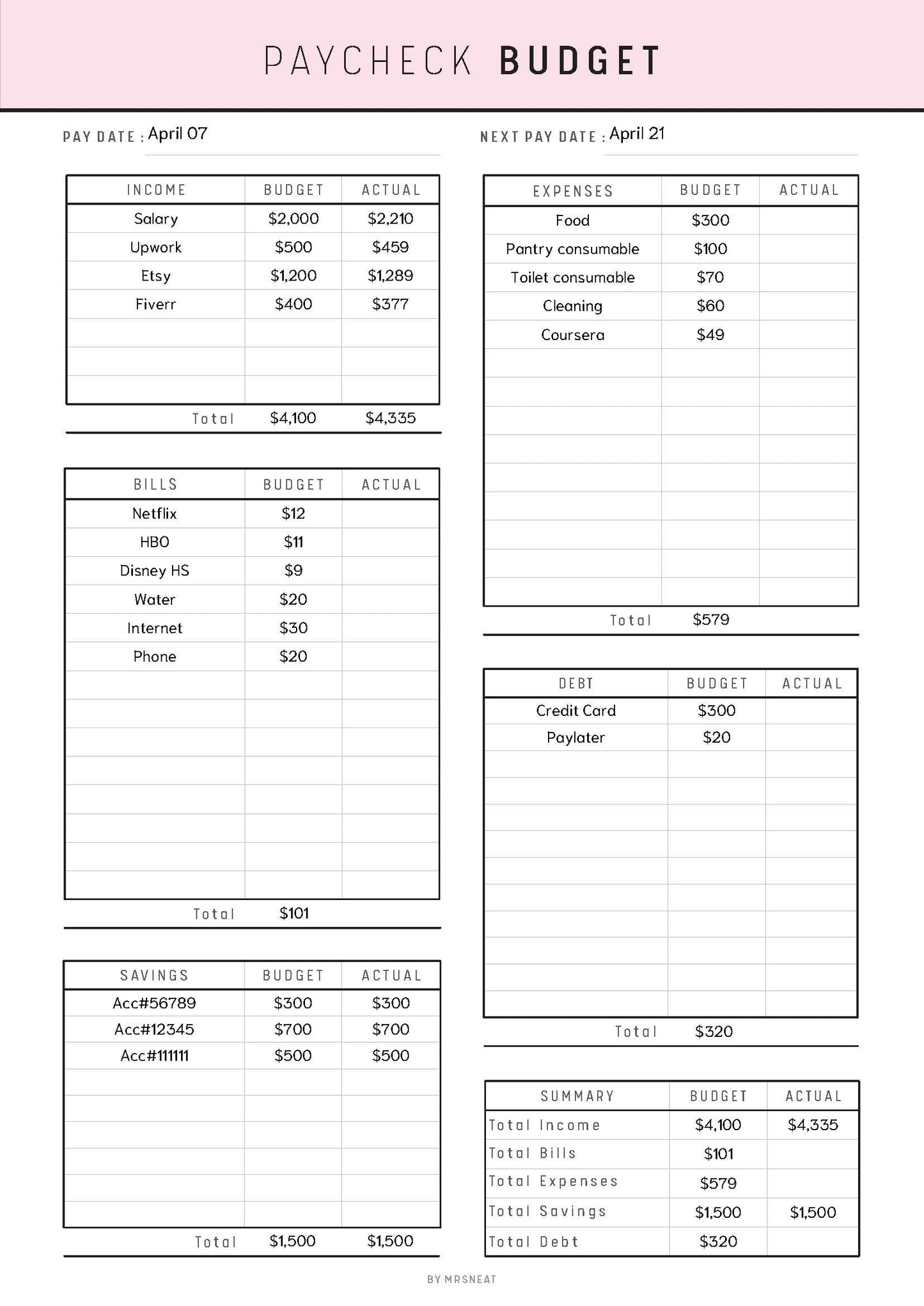 Paycheck Budget Template Printable - M147