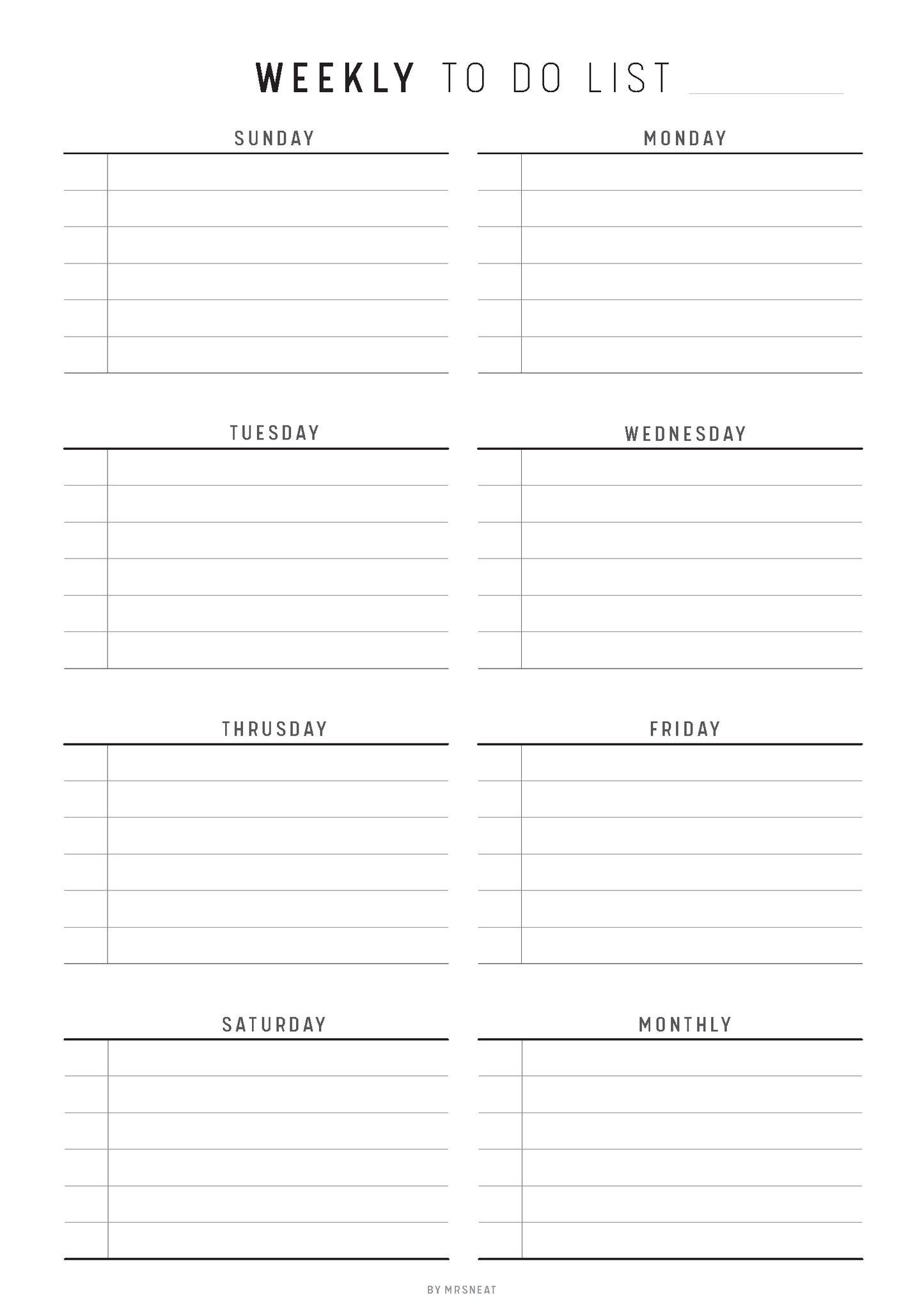 Weekly to-do list template with days of the week on a white background