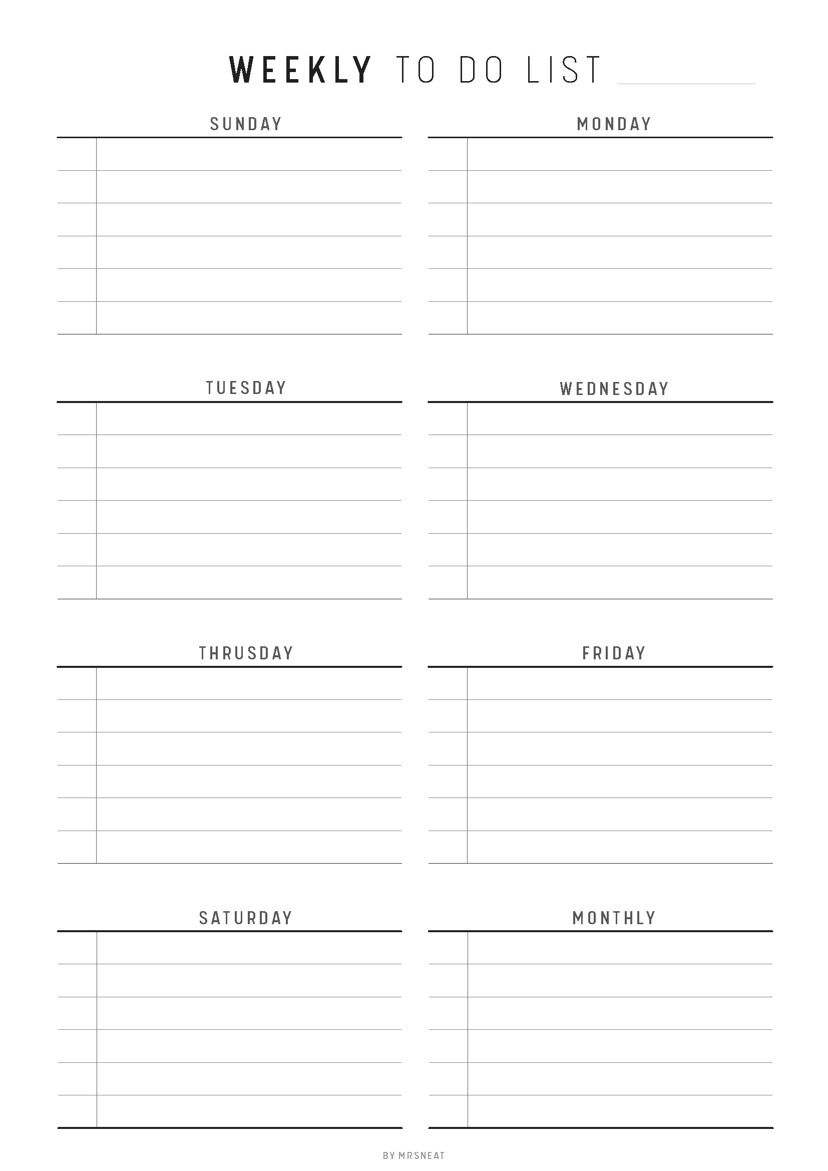 Weekly to-do list template with days of the week on a white background