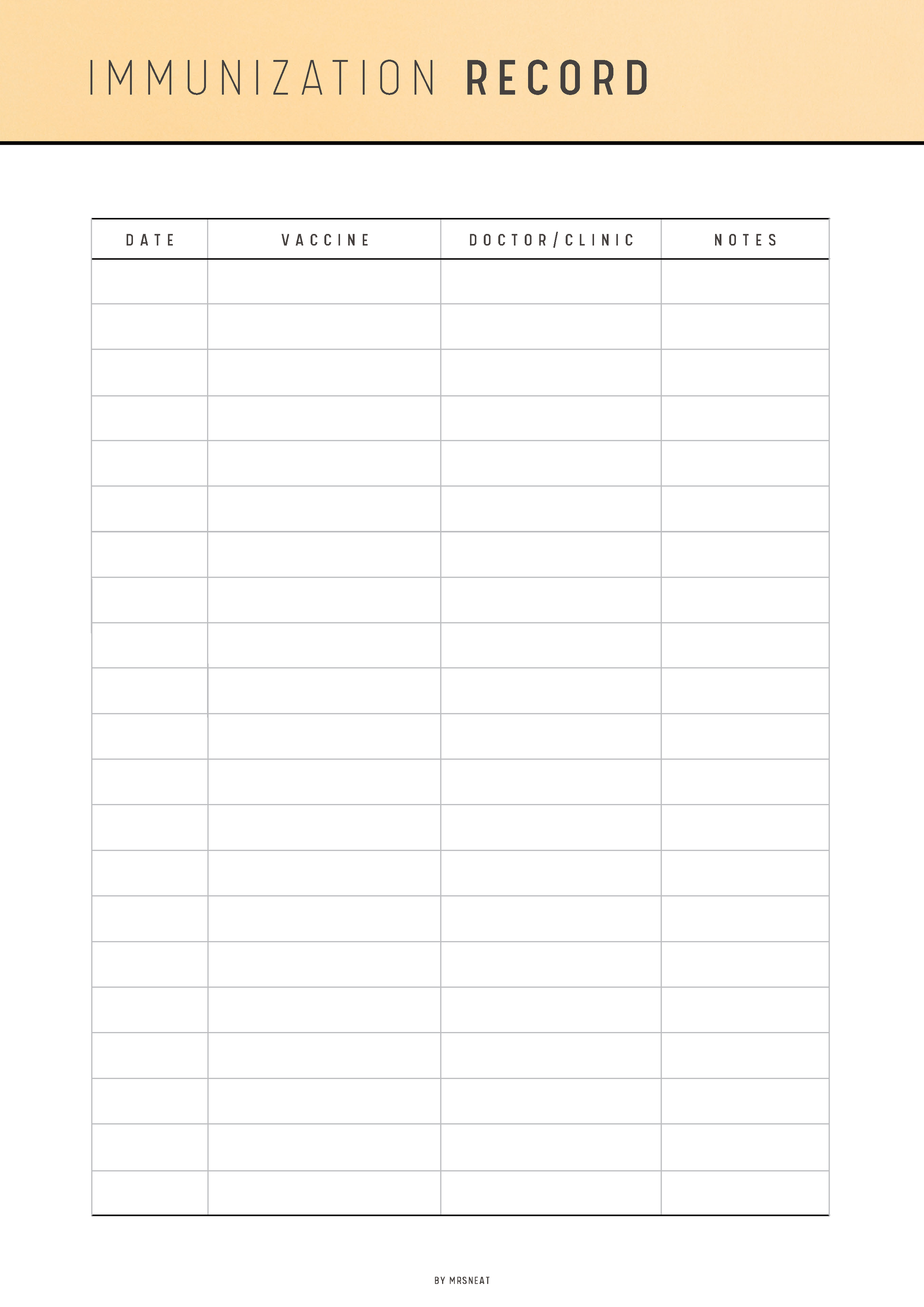 Immunization record sheet with columns for date, vaccine, doctor/clinic, and notes on a beige background.