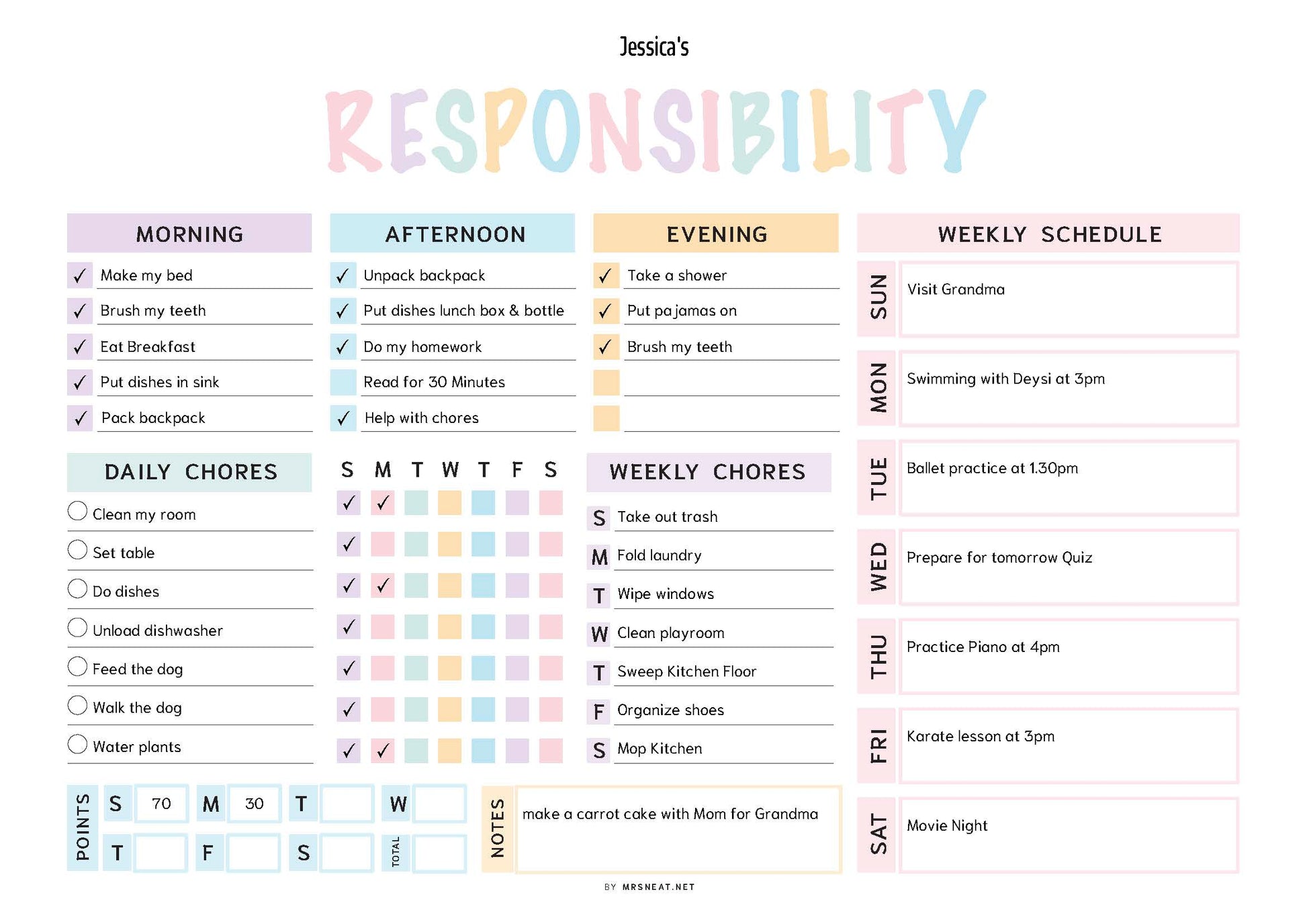 Child's responsibility chart with daily and weekly chores listed, color-coded for easy tracking.