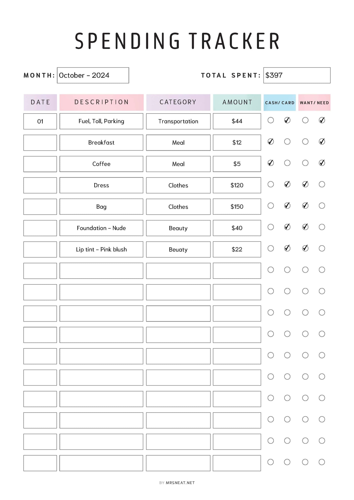 Editable Spending Tracker Printable PDF, A4, A5, Letter, Half Letter, Colorful, Minimalist, Fillable PDF, Digital Planner