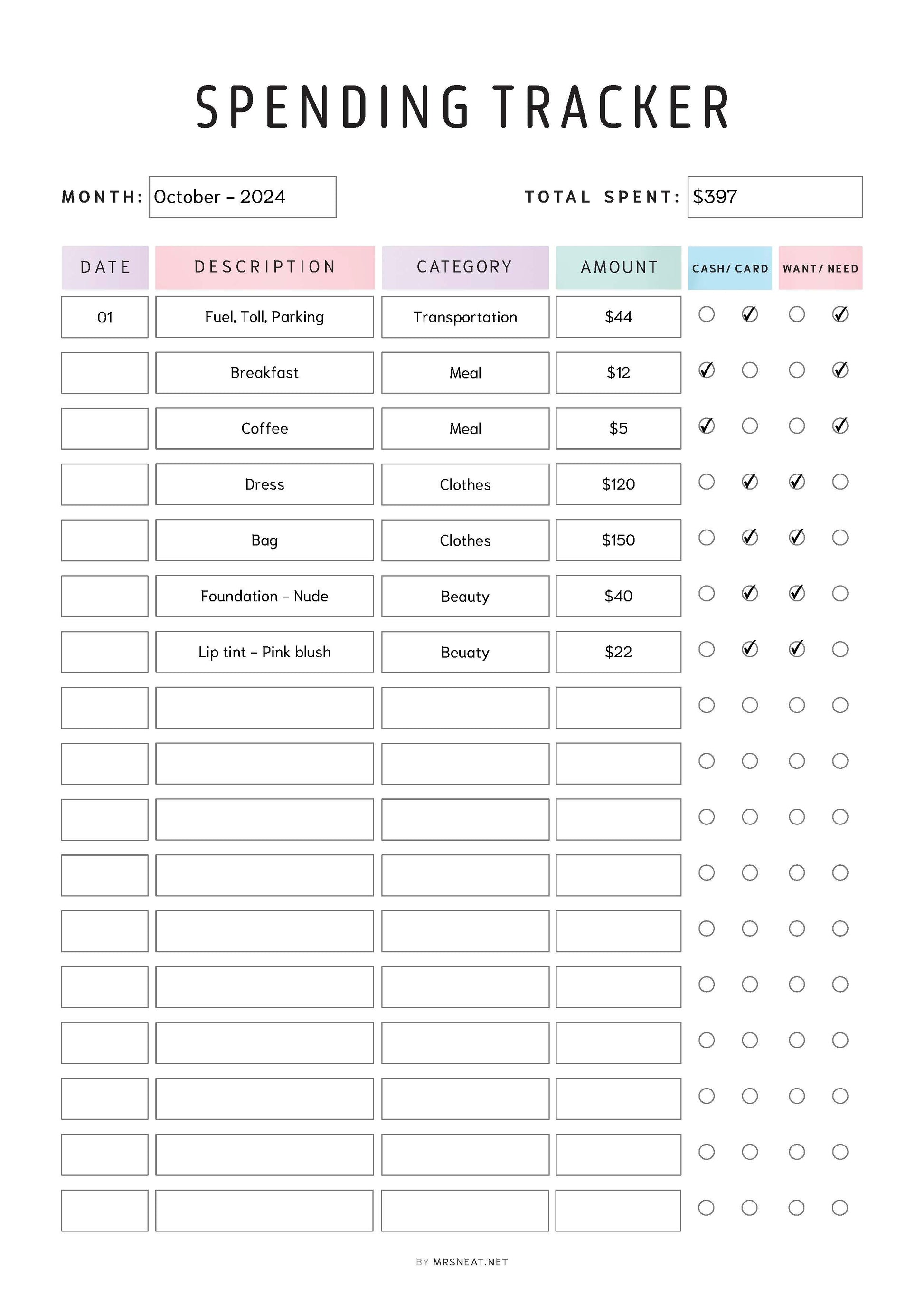 Editable Spending Tracker Printable PDF, A4, A5, Letter, Half Letter, Colorful, Minimalist, Fillable PDF, Digital Planner