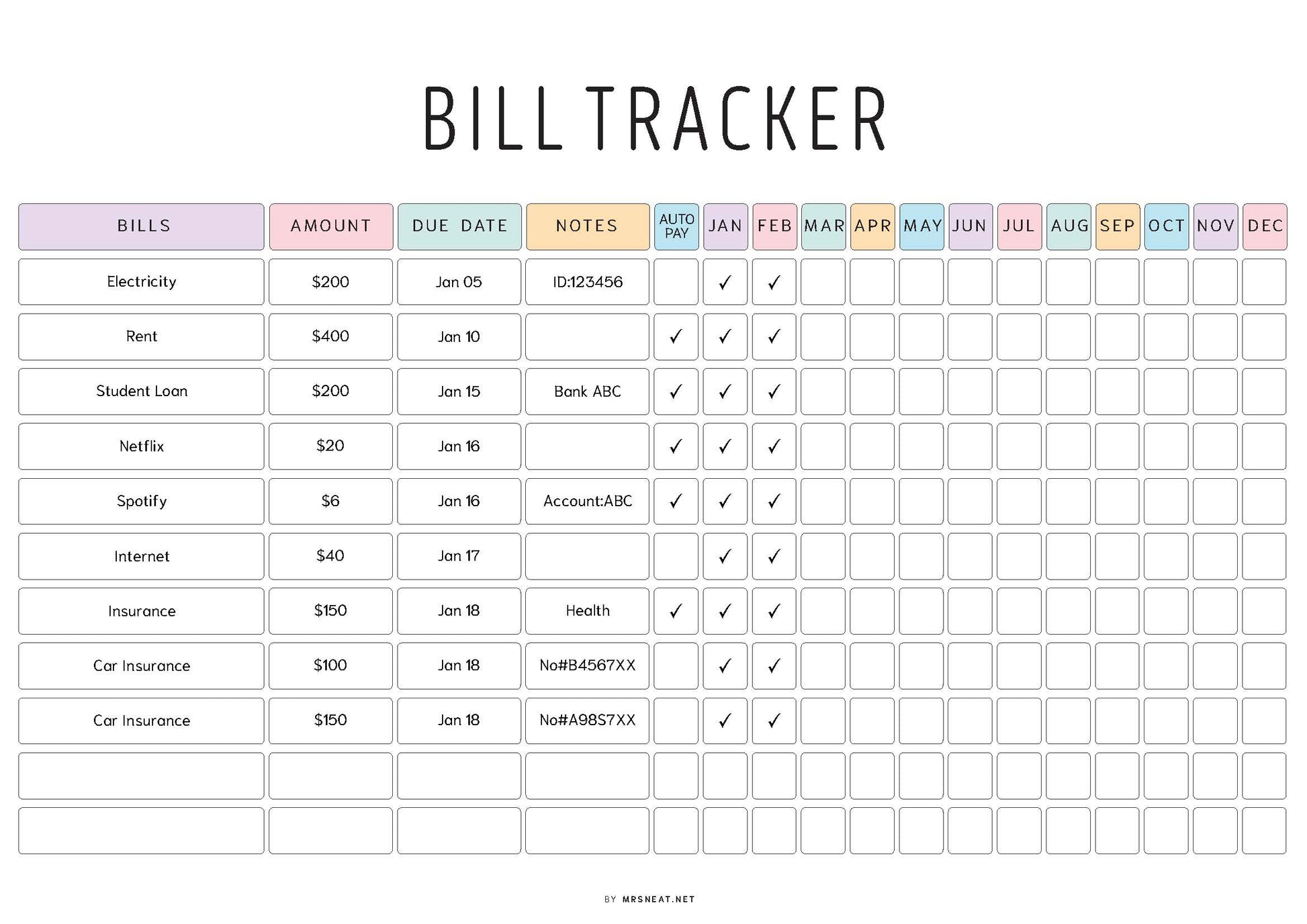 Bill Tracker with columns for bills, amount, due date, and notes.