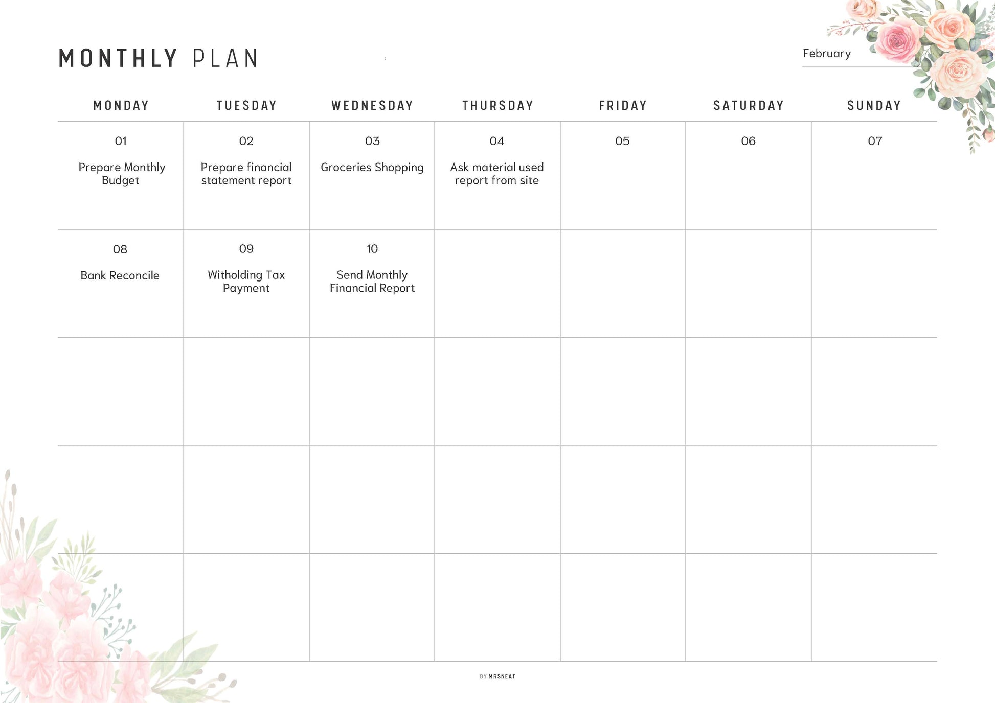 Undated Editable Monthly Planner Printable Landscape, Floral Theme, Monday and Sunday Start, Minimal Design, 2 Versions, PDF, A4, Letter