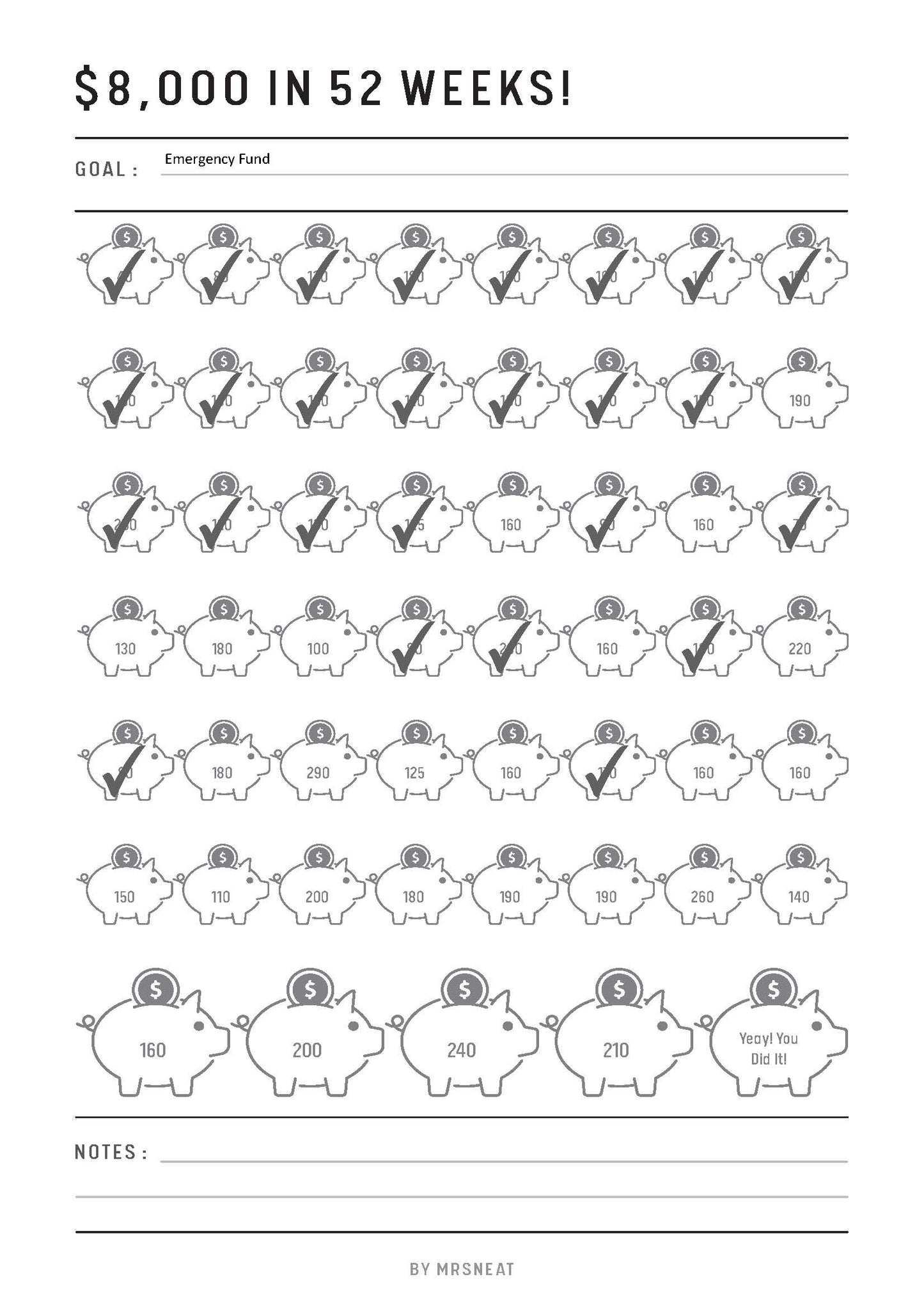 Fillable 8000 Money Savings Challenge Printable in 52 Weeks, PDF, A4, Half Letter, Letter, A5