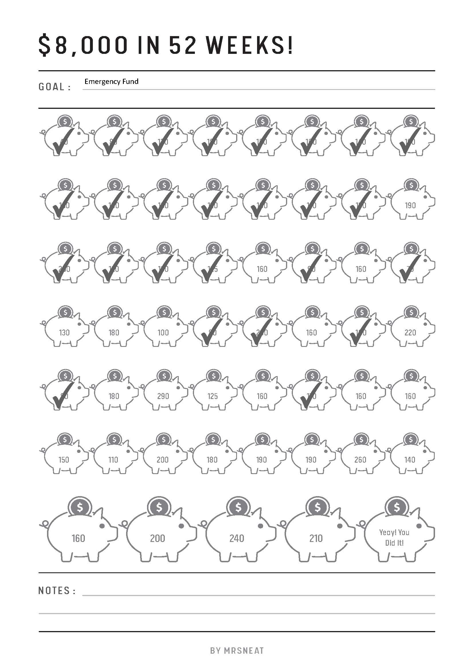 Fillable 8000 Money Savings Challenge Printable in 52 Weeks, PDF, A4, Half Letter, Letter, A5