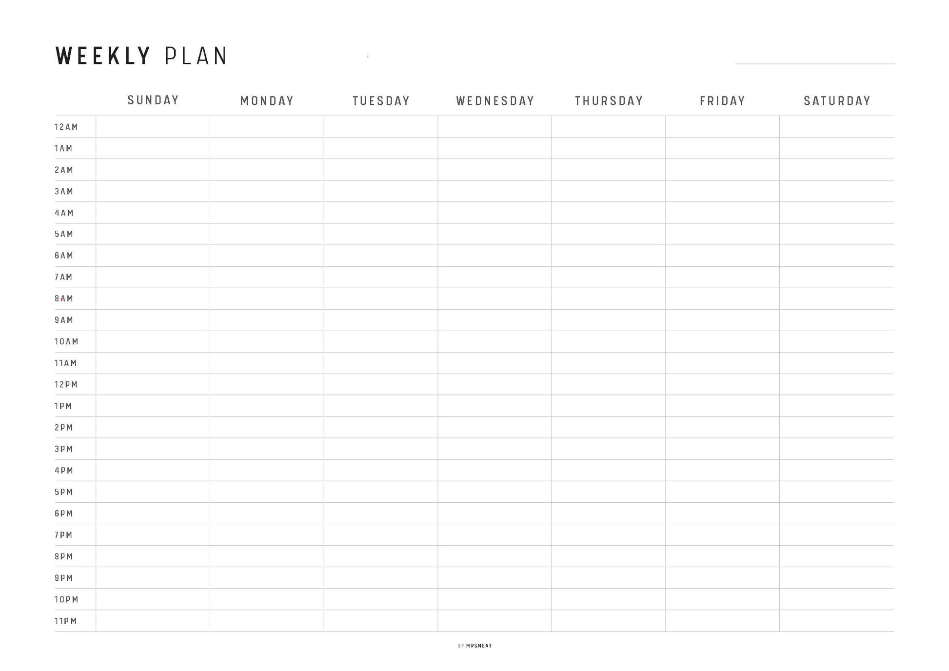 Hourly Weekly Schedule Landscape, Printable Weekly Planner, Week At a Glance, Weekly Agenda, Desk Planner, Weekly To Do List,