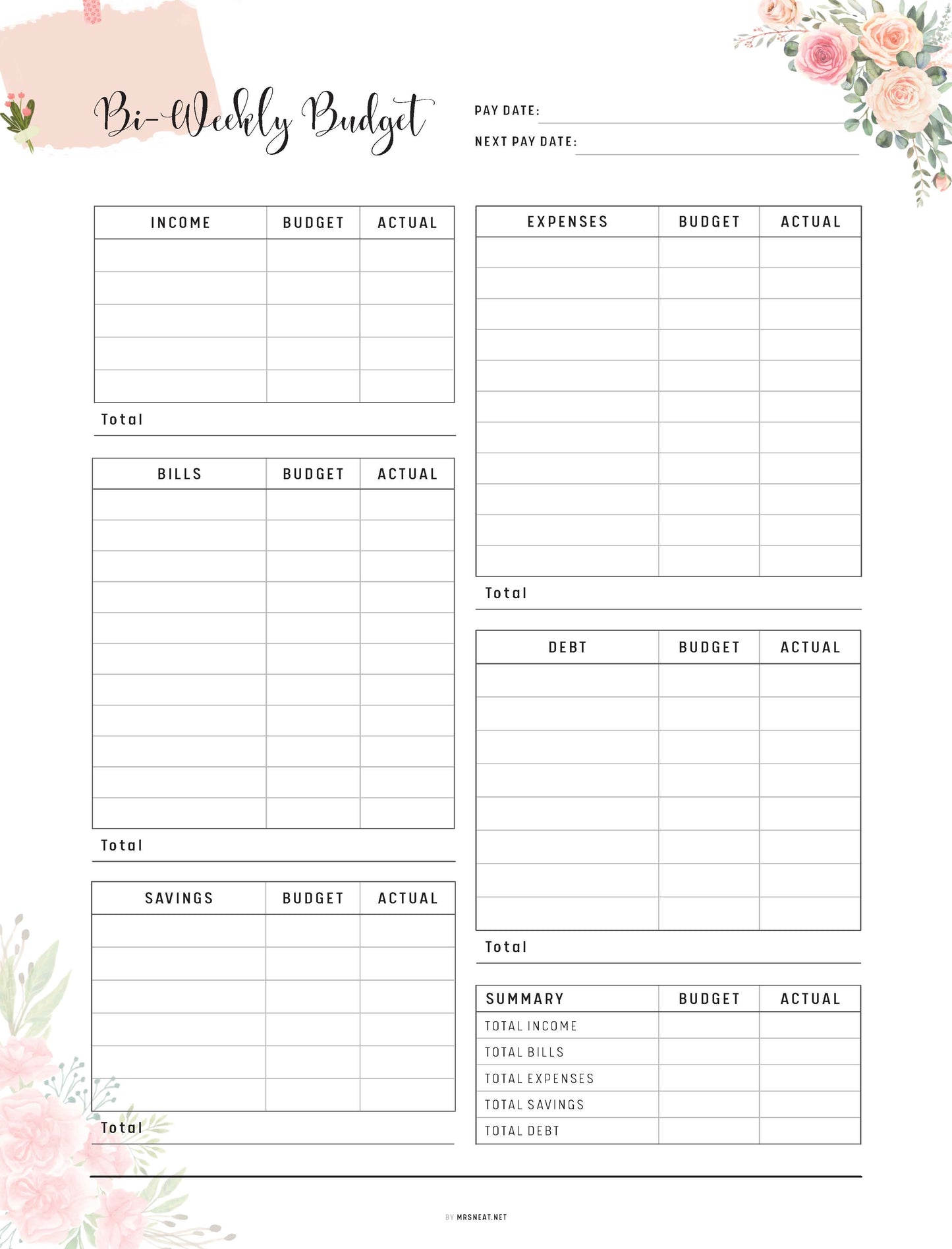 Bi Weekly Budget Printable, Budget Planner, Floral Theme, A4, A5, Letter, Half Letter, PDF