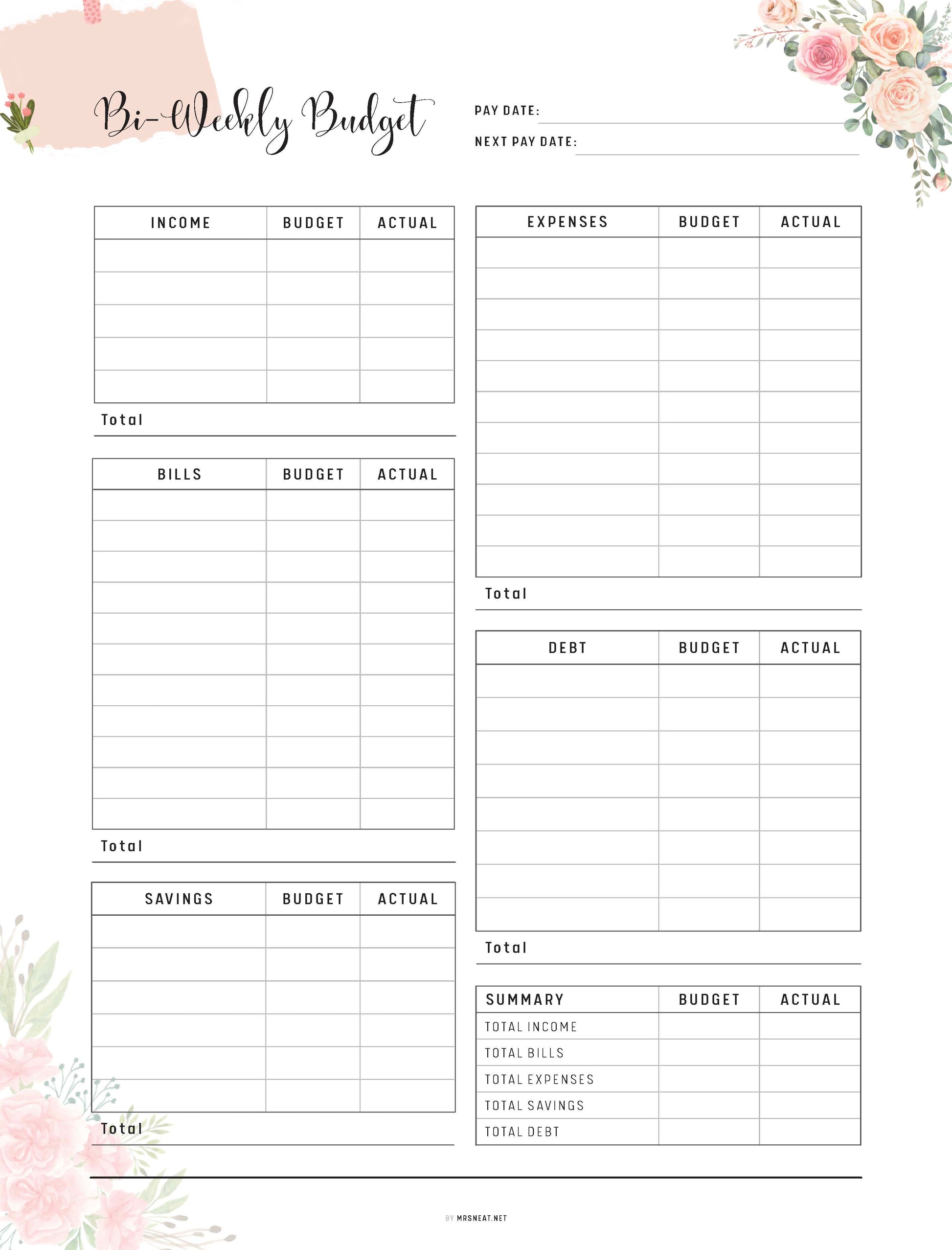 Bi Weekly Budget Printable, Budget Planner, Floral Theme, A4, A5, Letter, Half Letter, PDF