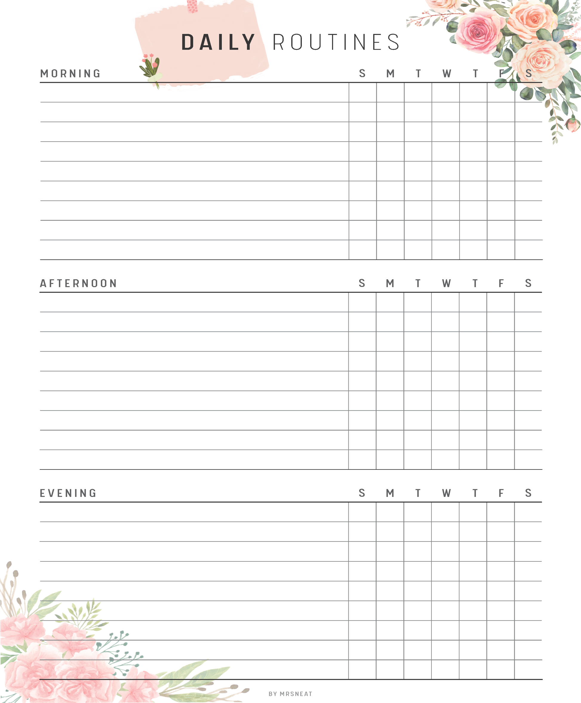 Daily routines planner with floral designs on a white background
