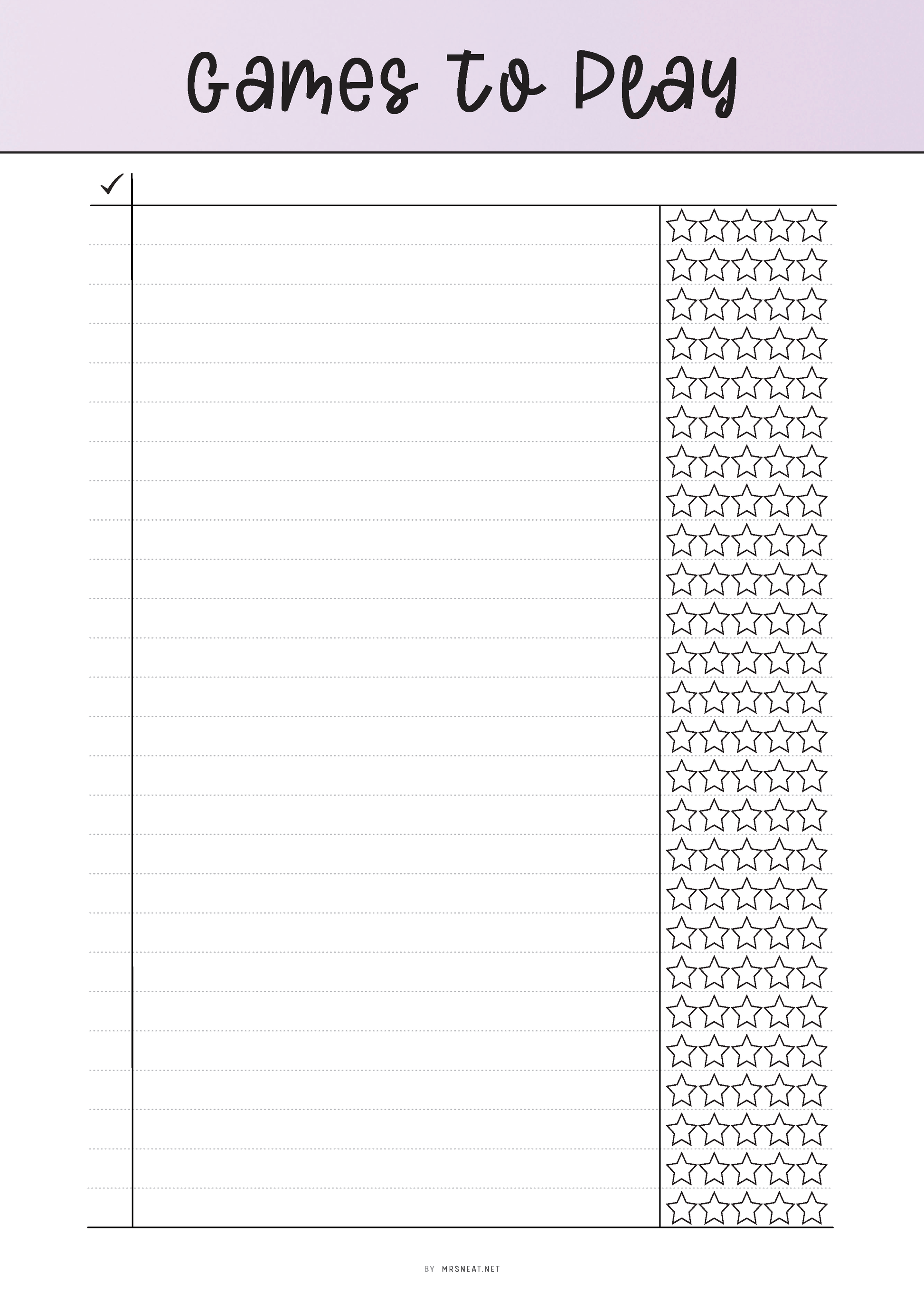 Sheet with 'Games to Play' heading and a column for star patterns on a light purple background.