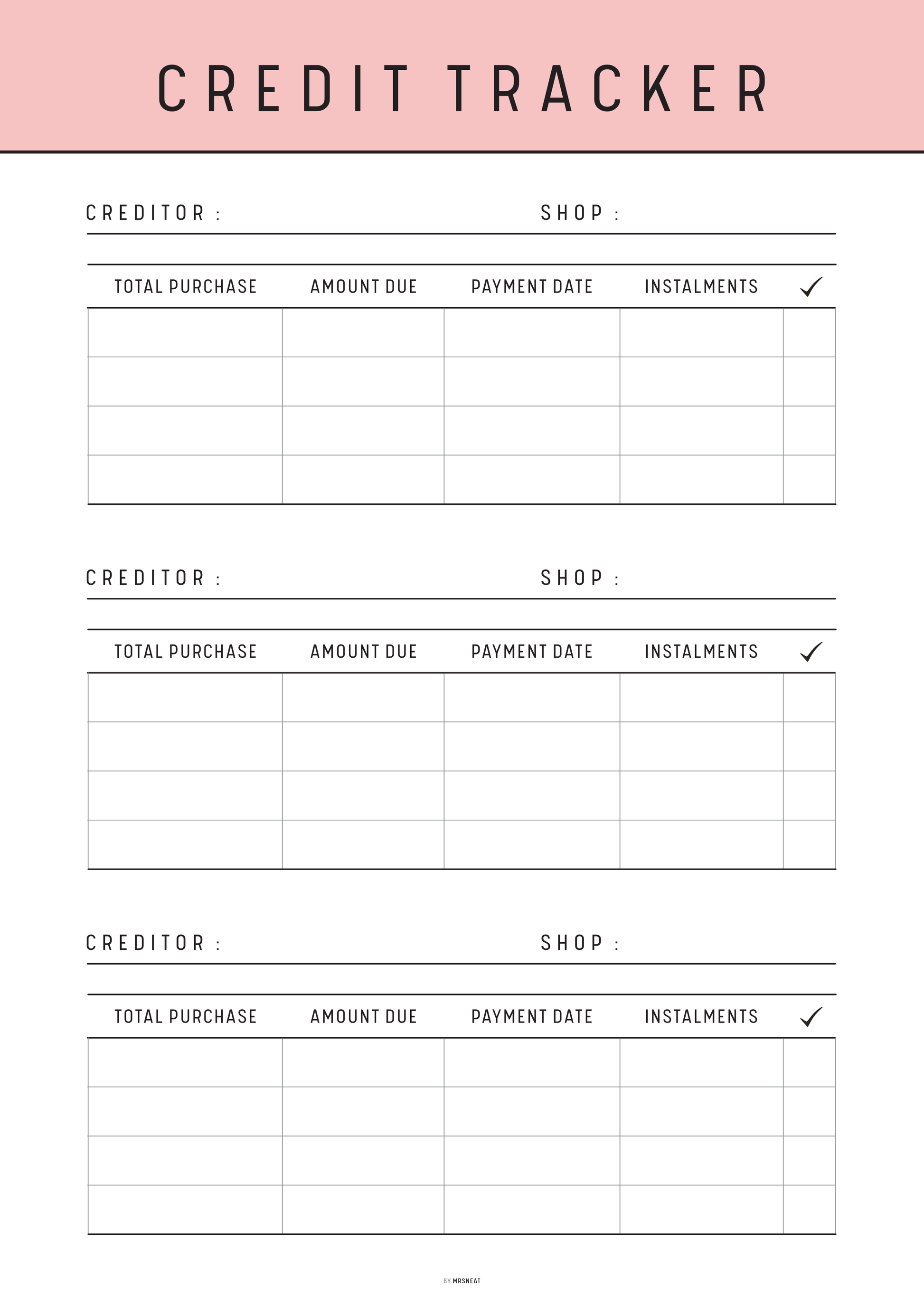 Credit tracker sheet with columns for creditor, shop, total purchase, amount due, payment date, and instalments on a pink background.