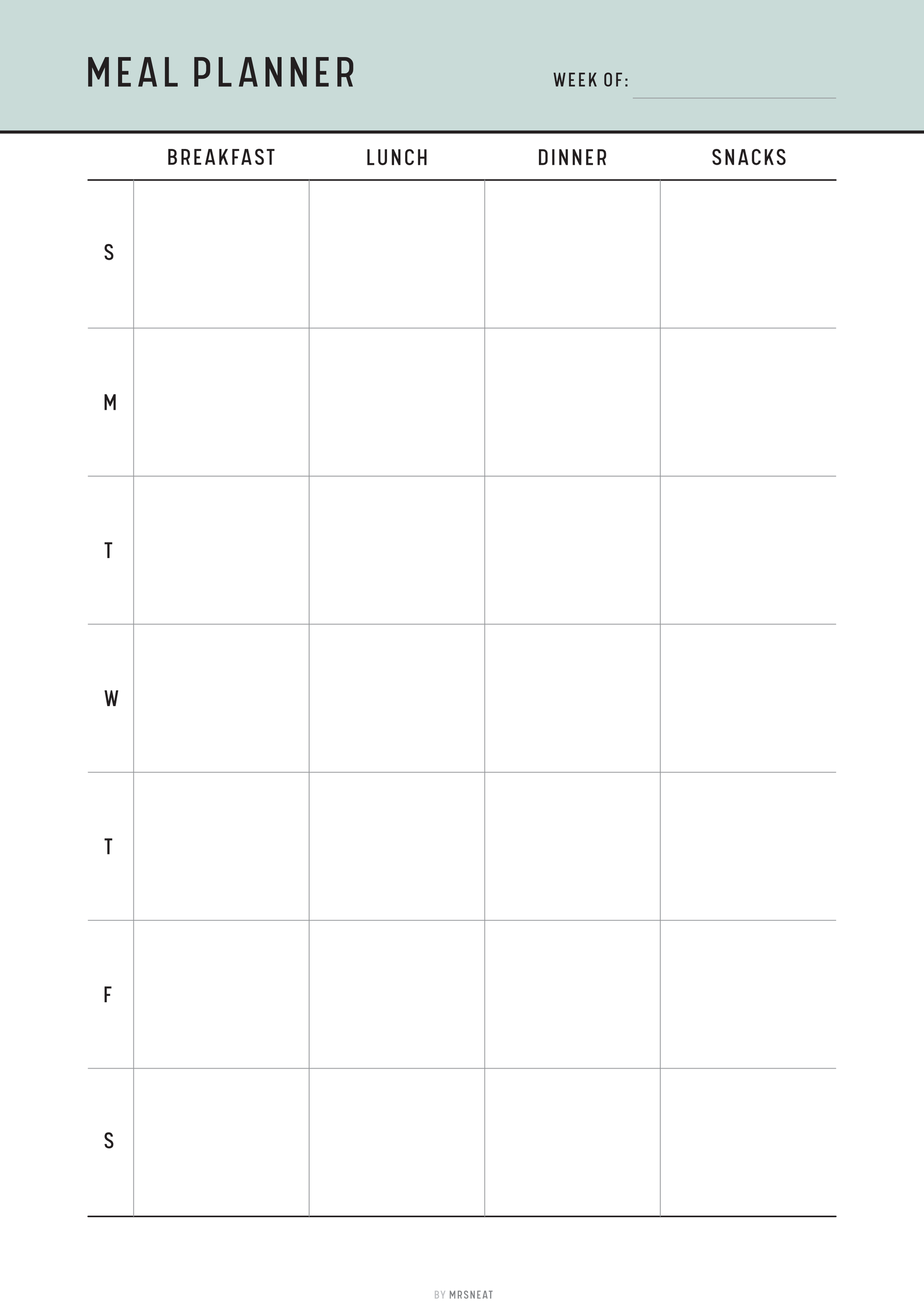 Meal planner template with days of the week and meal categories.